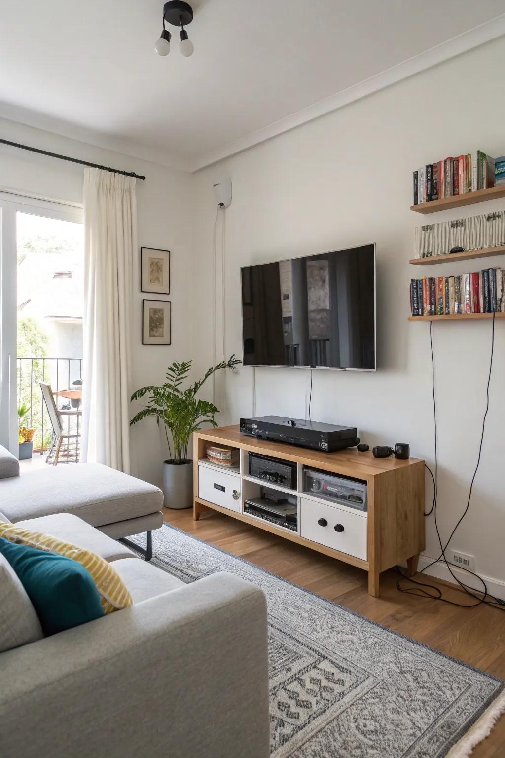 Tucked cables create a spotless TV area.