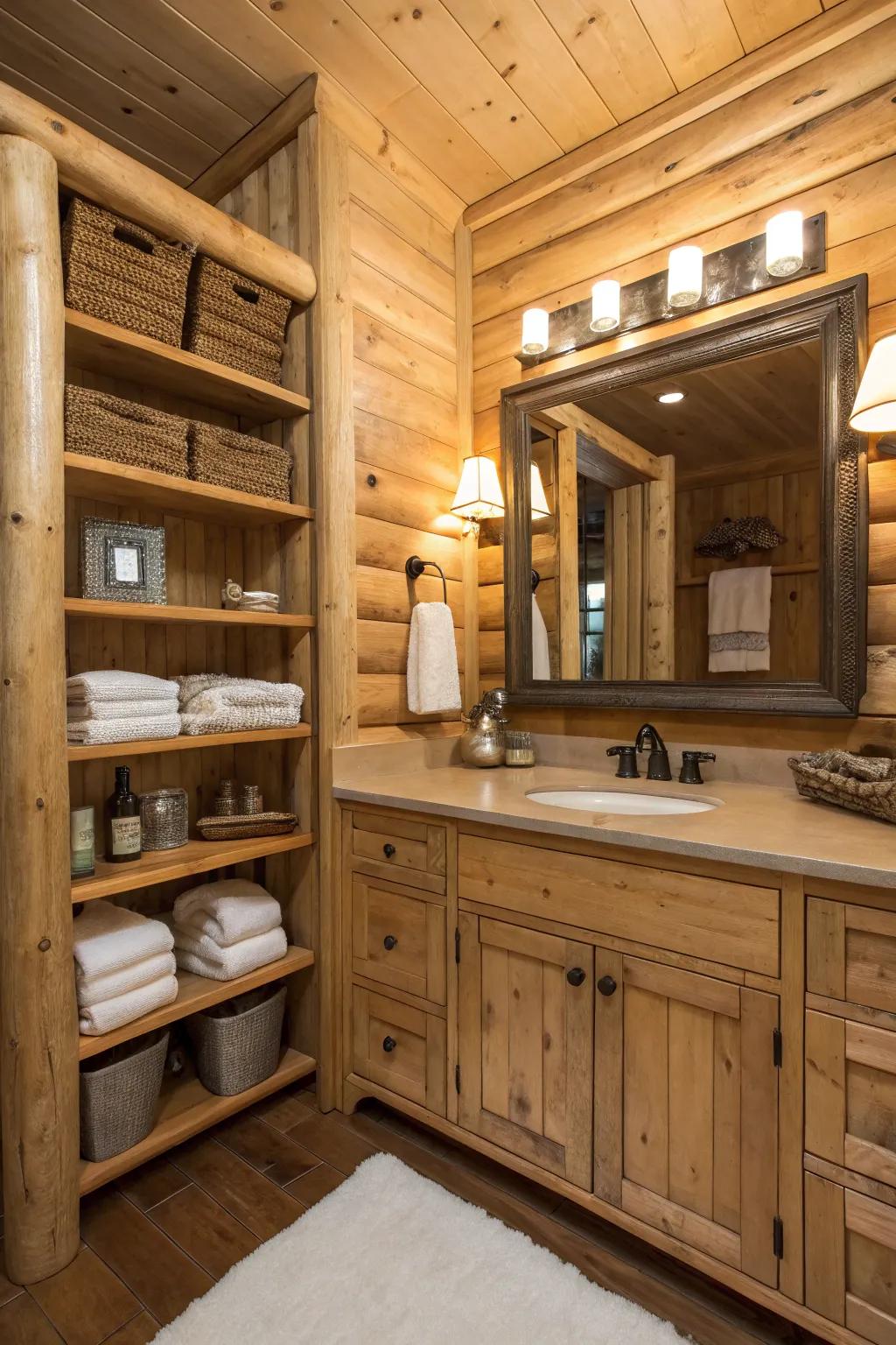 A log cabin bathroom with practical storage solutions.