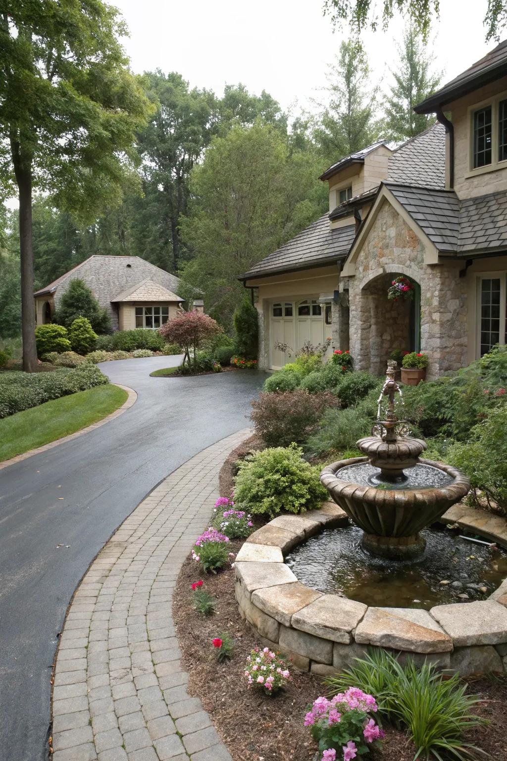 A water feature adds peace and beauty to the driveway.