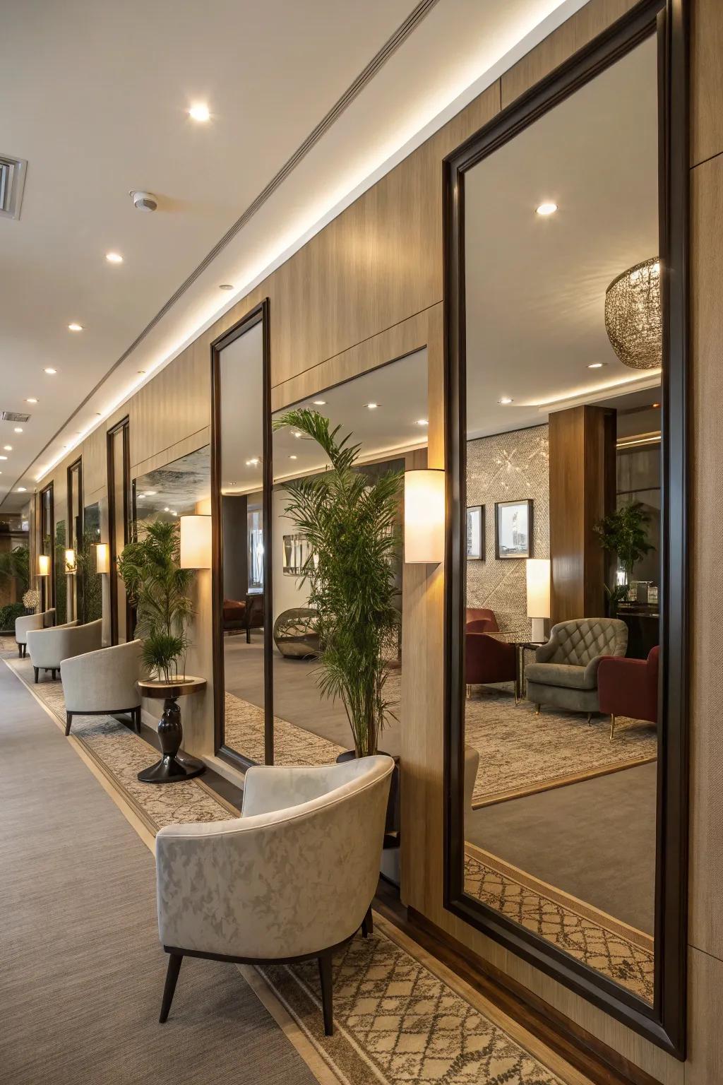 Mirrors in the living room enhance light and create the illusion of space.