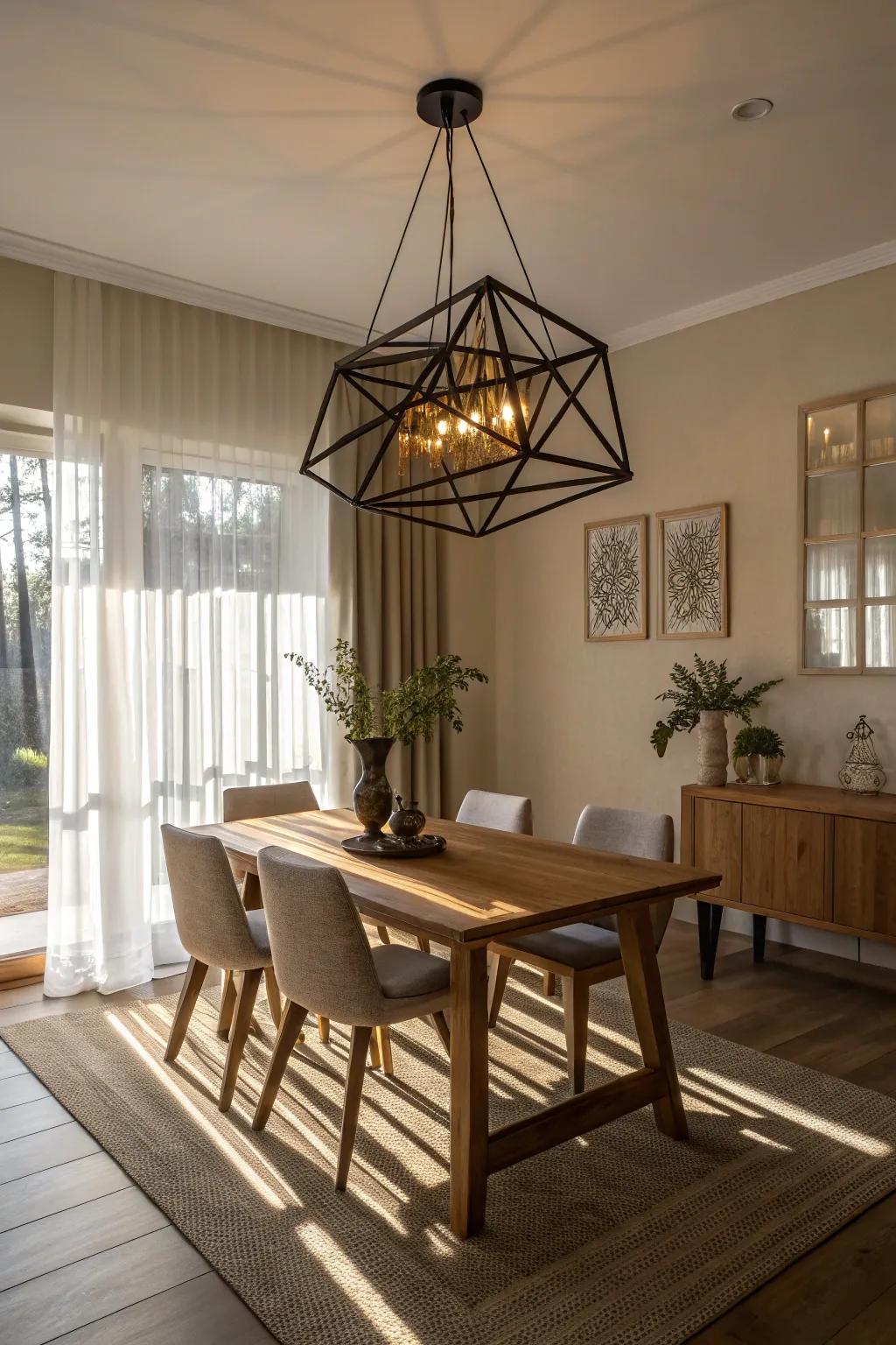A geometric lamp lends modern flair to a dining room.