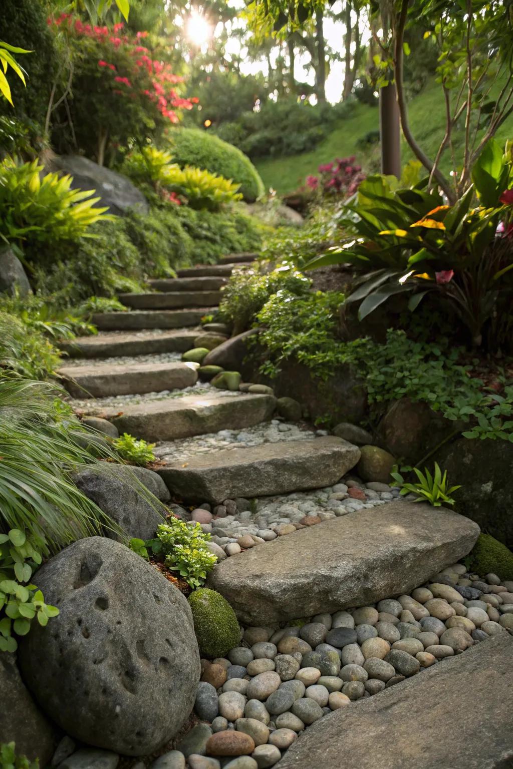 Enhance and protect garden steps with pebble stone edging.