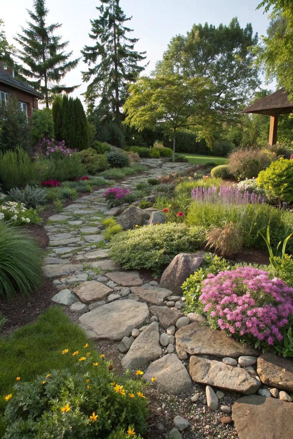 Rocky ground covers for simple maintenance.