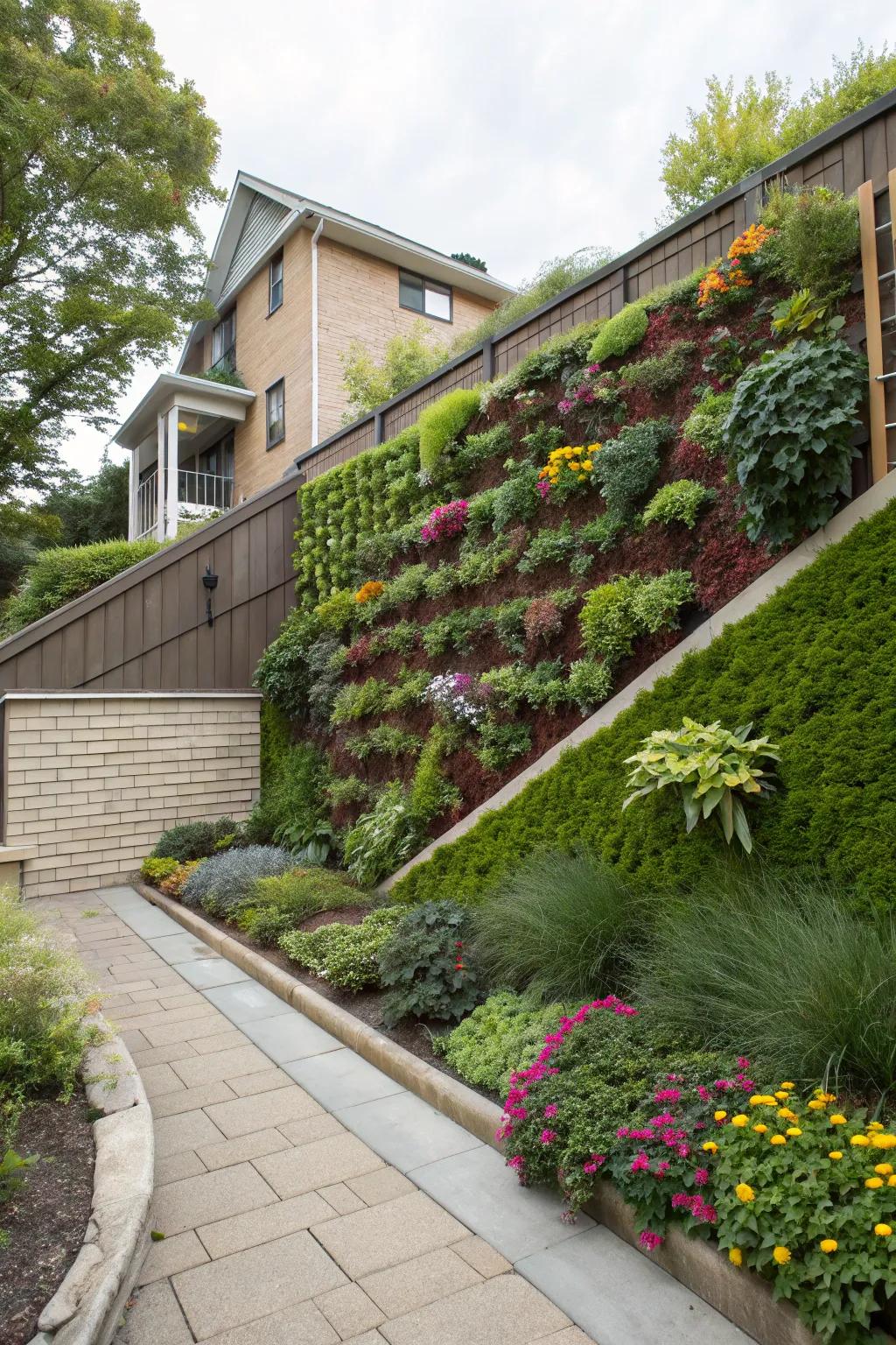 Vertical gardens provide an innovative and space-saving solution for slopes.
