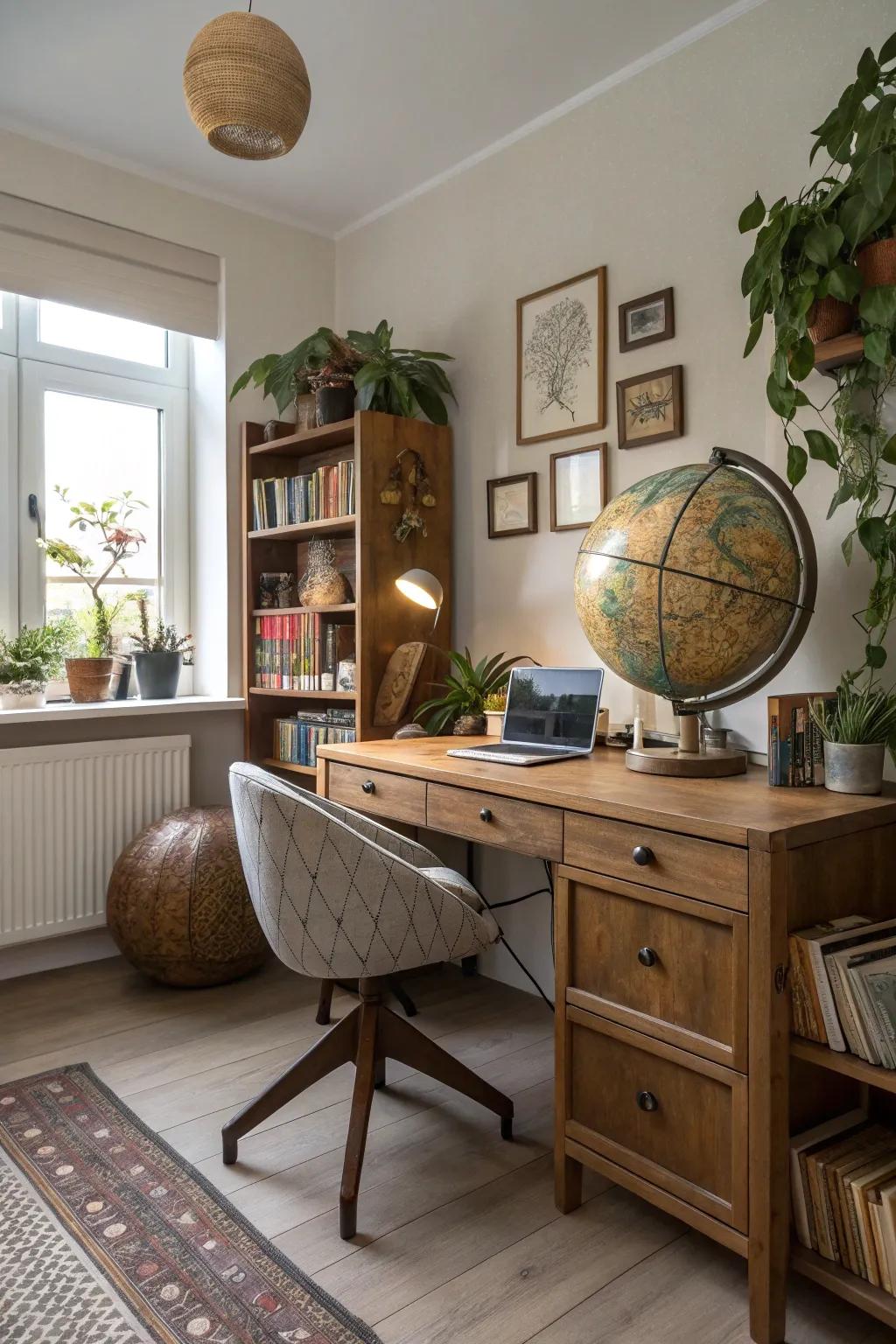 A personalized home office showcasing unique decor items.