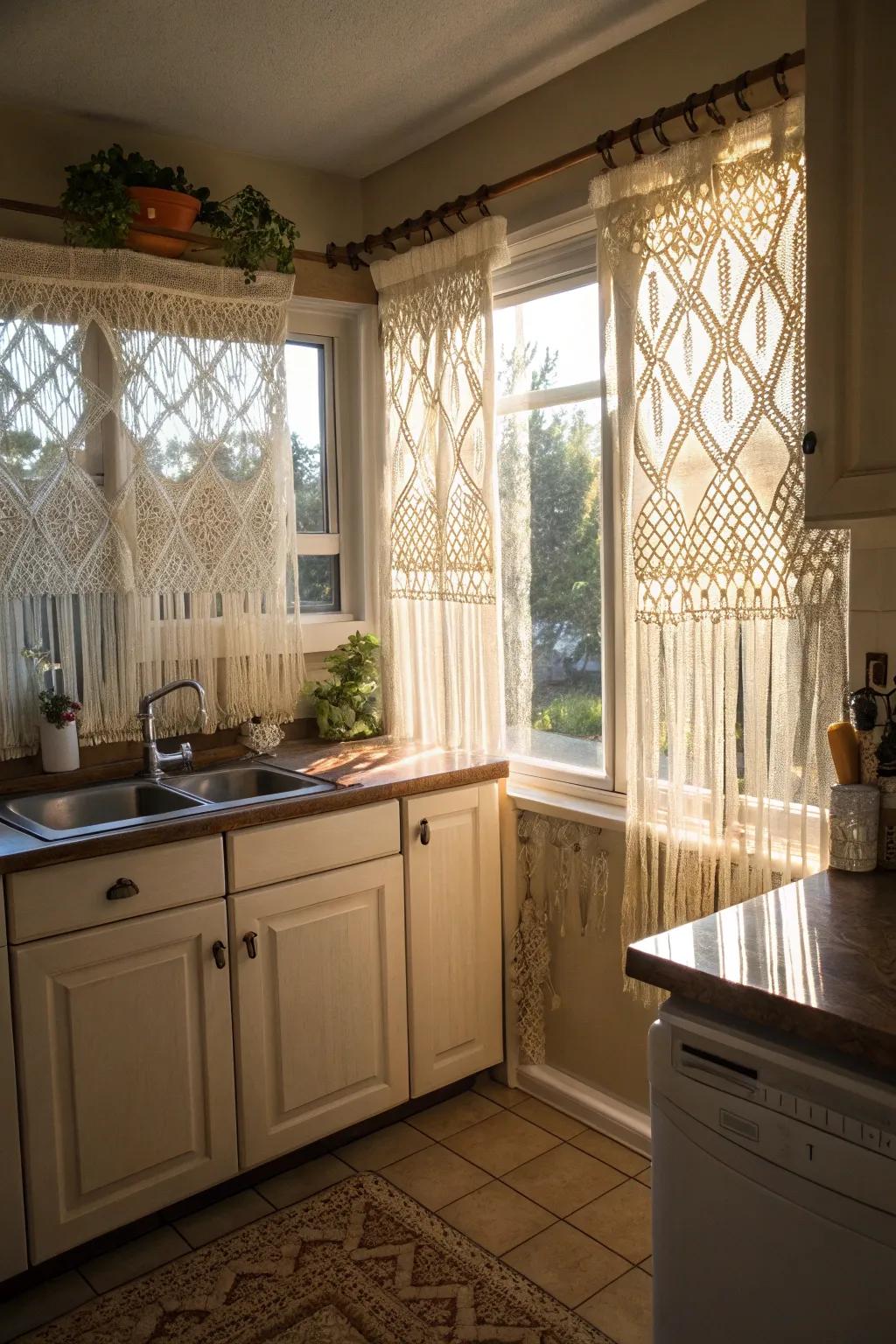 Macrame window treatments adding artistry to a kitchen.