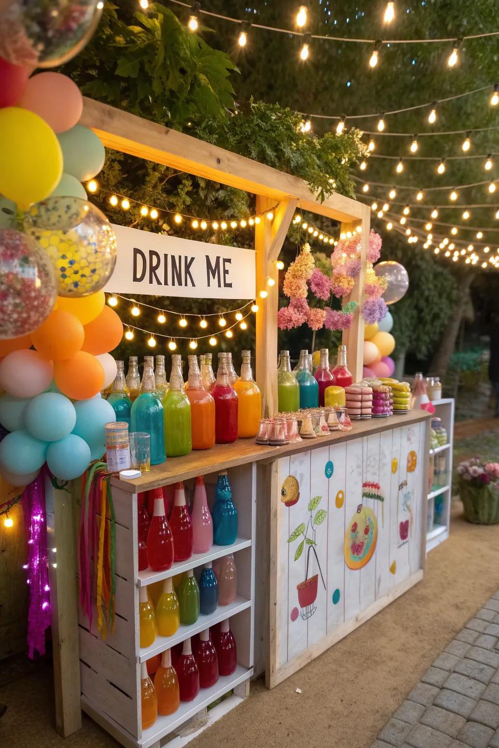An 'Imbibe' kiosk presenting vibrant drinks injects a playful touch into the celebration.
