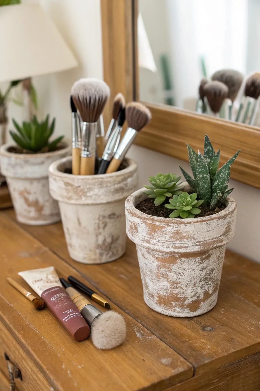 Plant pots introduce a rustic charm to makeup brush keeping.