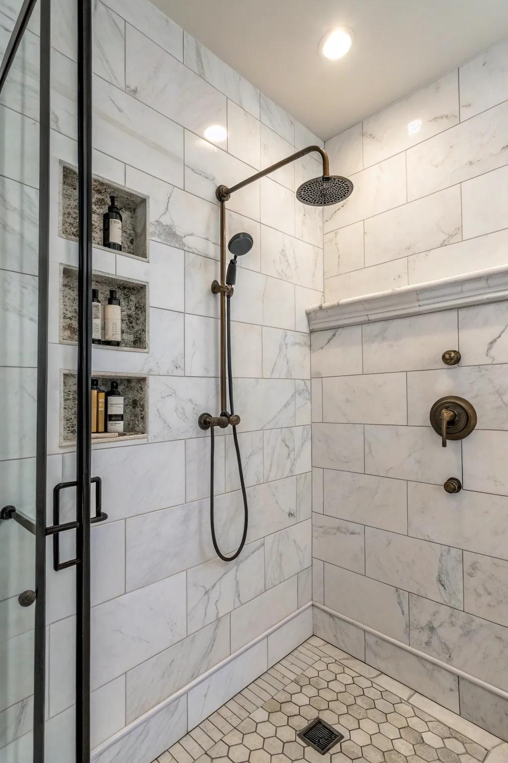 Plant elements add a modern edge to marble showers.
