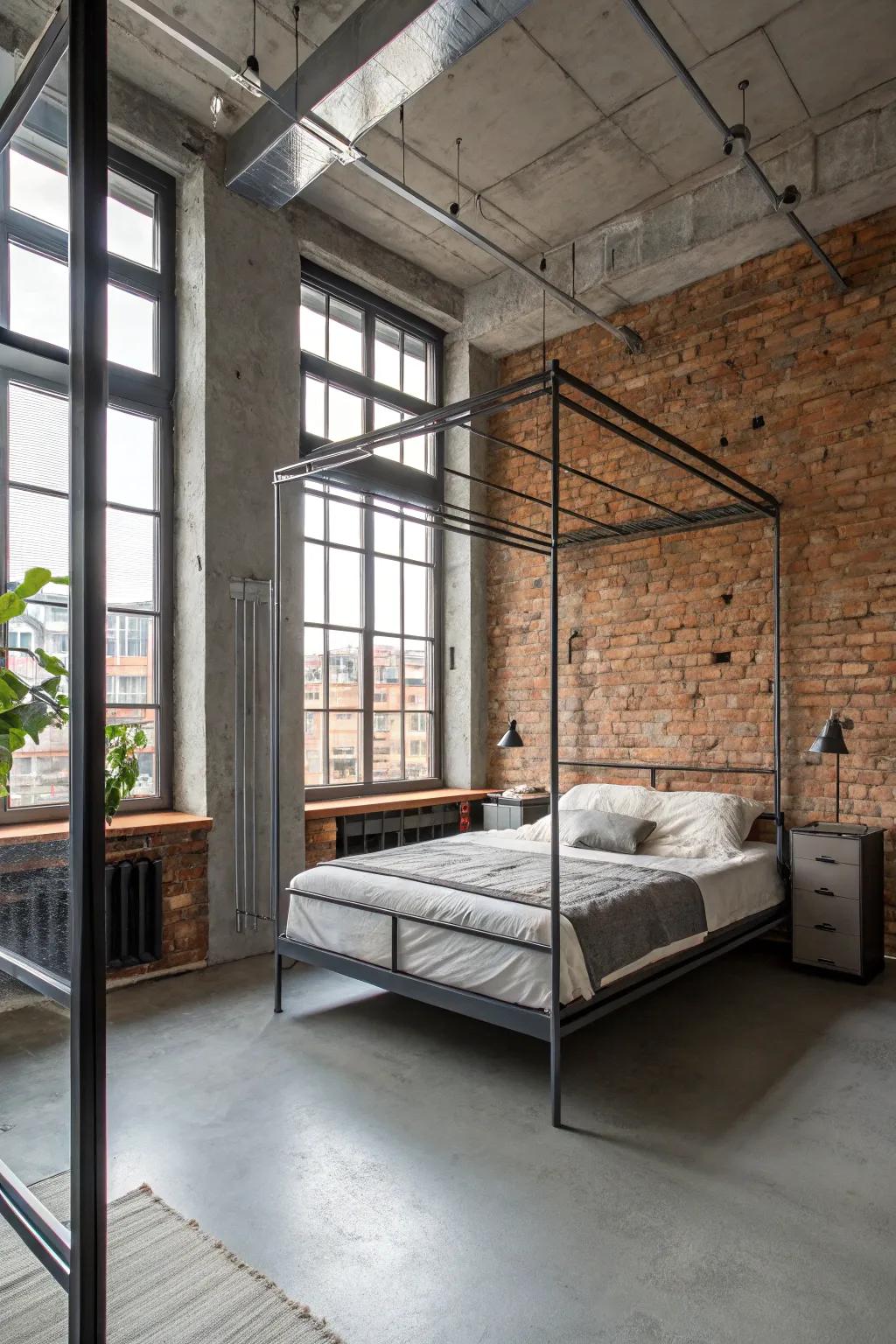 Industrial elements introduce grit and urban character to the bedroom.
