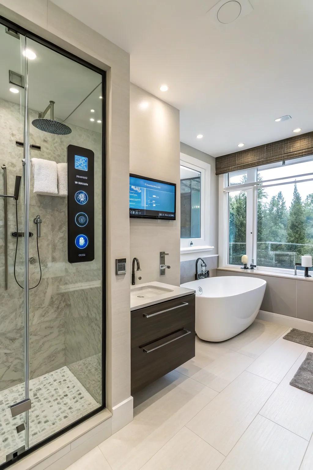 Smart technology adds a modern and convenient touch to this primary bathroom.