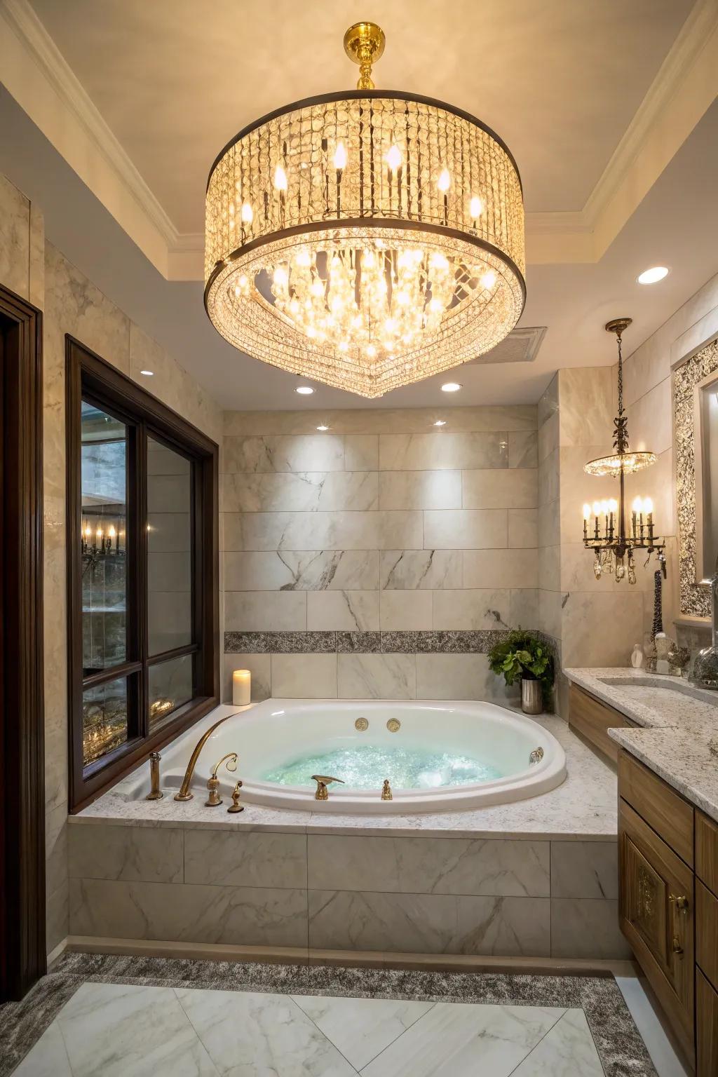 A chandelier adds a touch of beauty and drama to the primary bathroom.