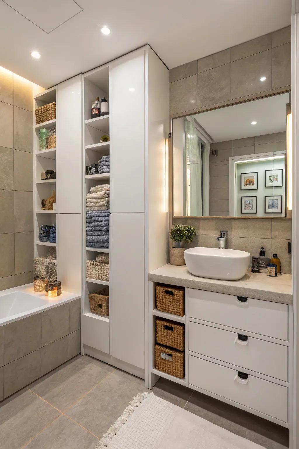 Bathroom featuring creative storage options to maintain a clutter-free space.