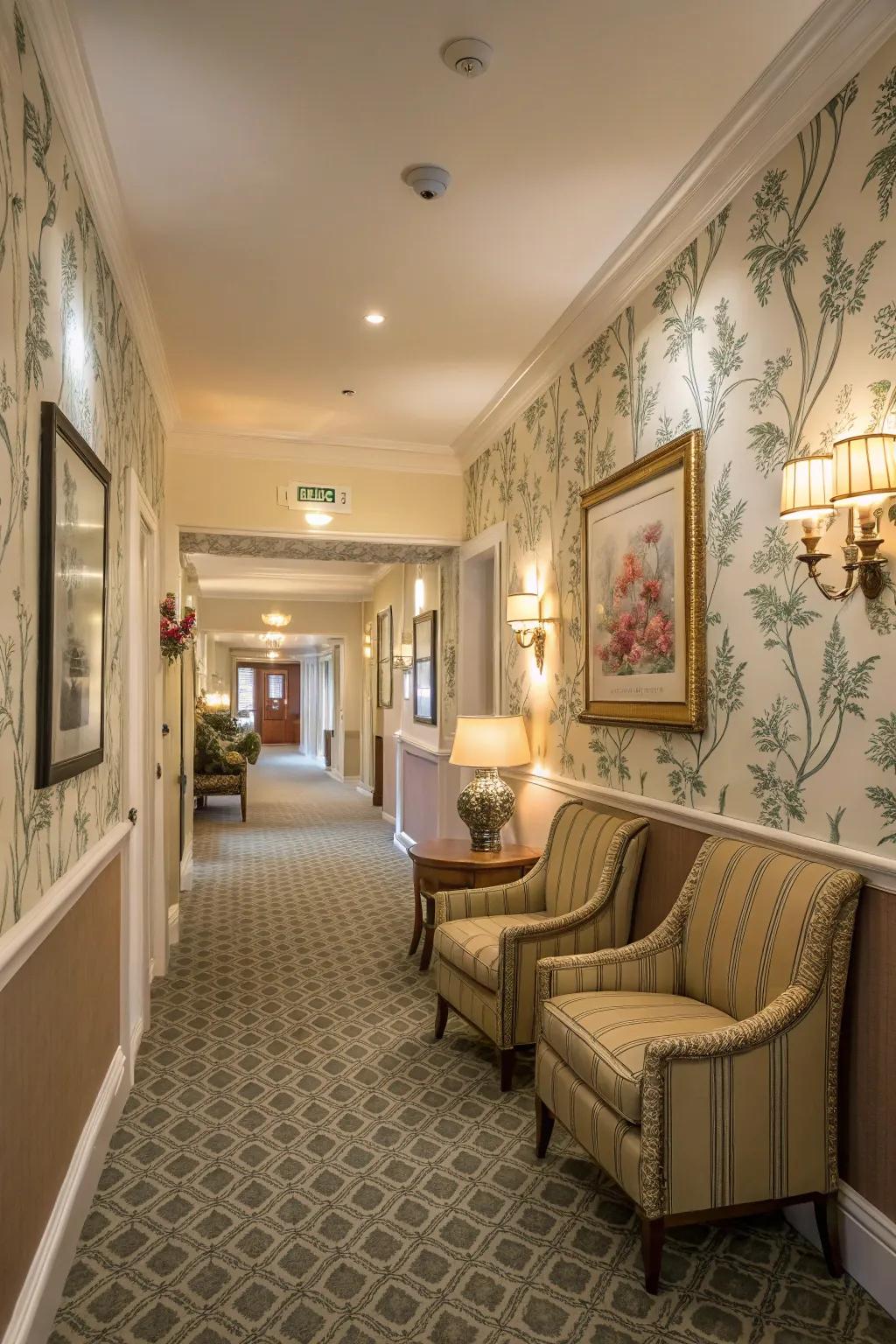 Coordinating wall covering designs establish a seamless flow between rooms.