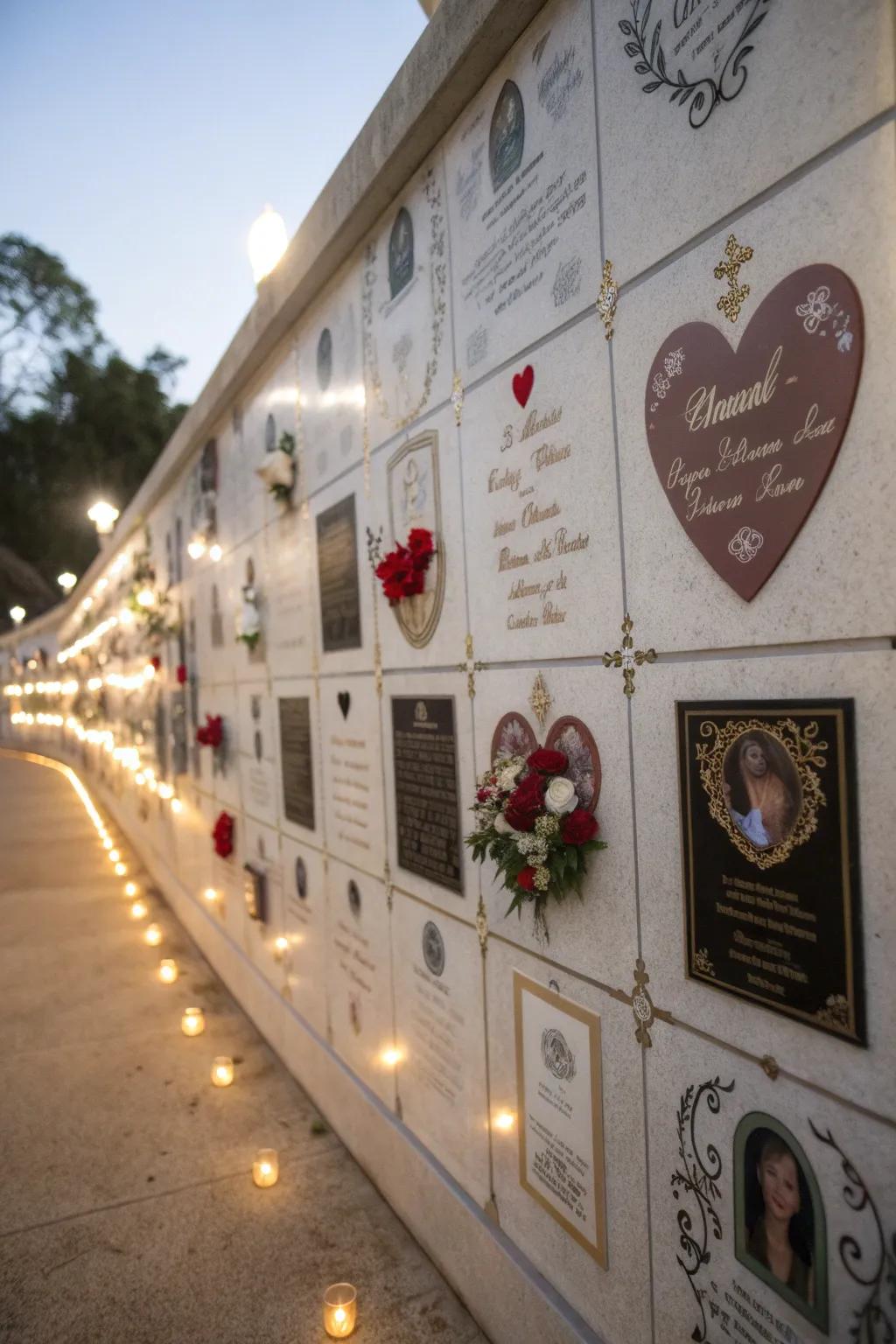 Wall decals conveying affection and recollections on a memorial display.