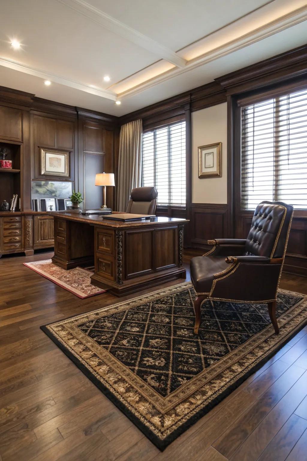 A high-quality rug brings comfort and sophistication to your office space.