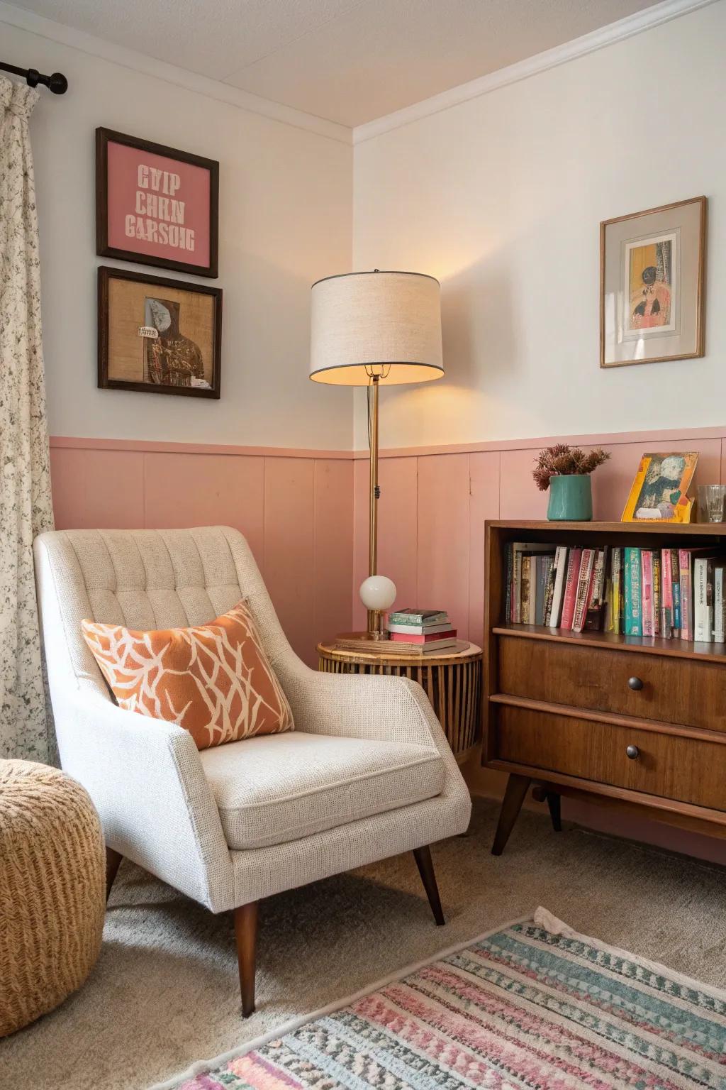 A cozy reading corner nestled in a mid-century modern bedroom, perfect for relaxation.