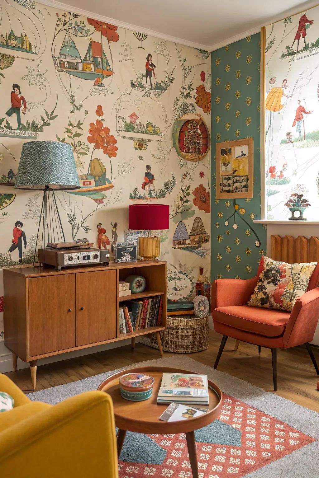 A creative room featuring mid-century wallpaper with retro illustrative designs.
