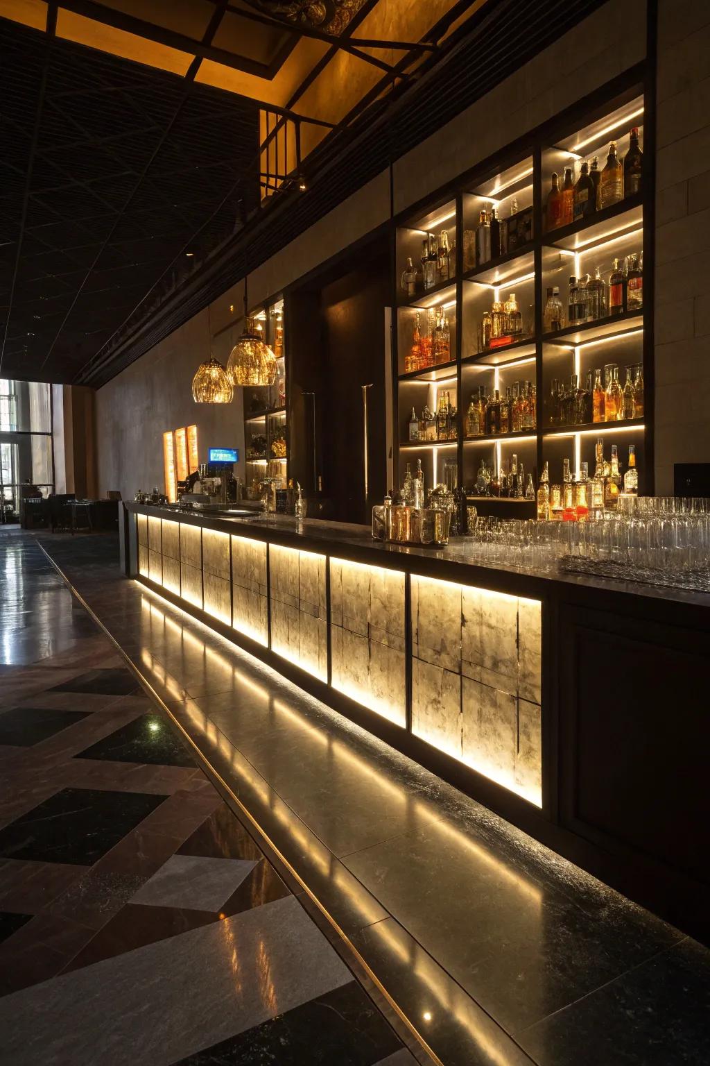 Floor lighting introduces drama and depth to the home bar.
