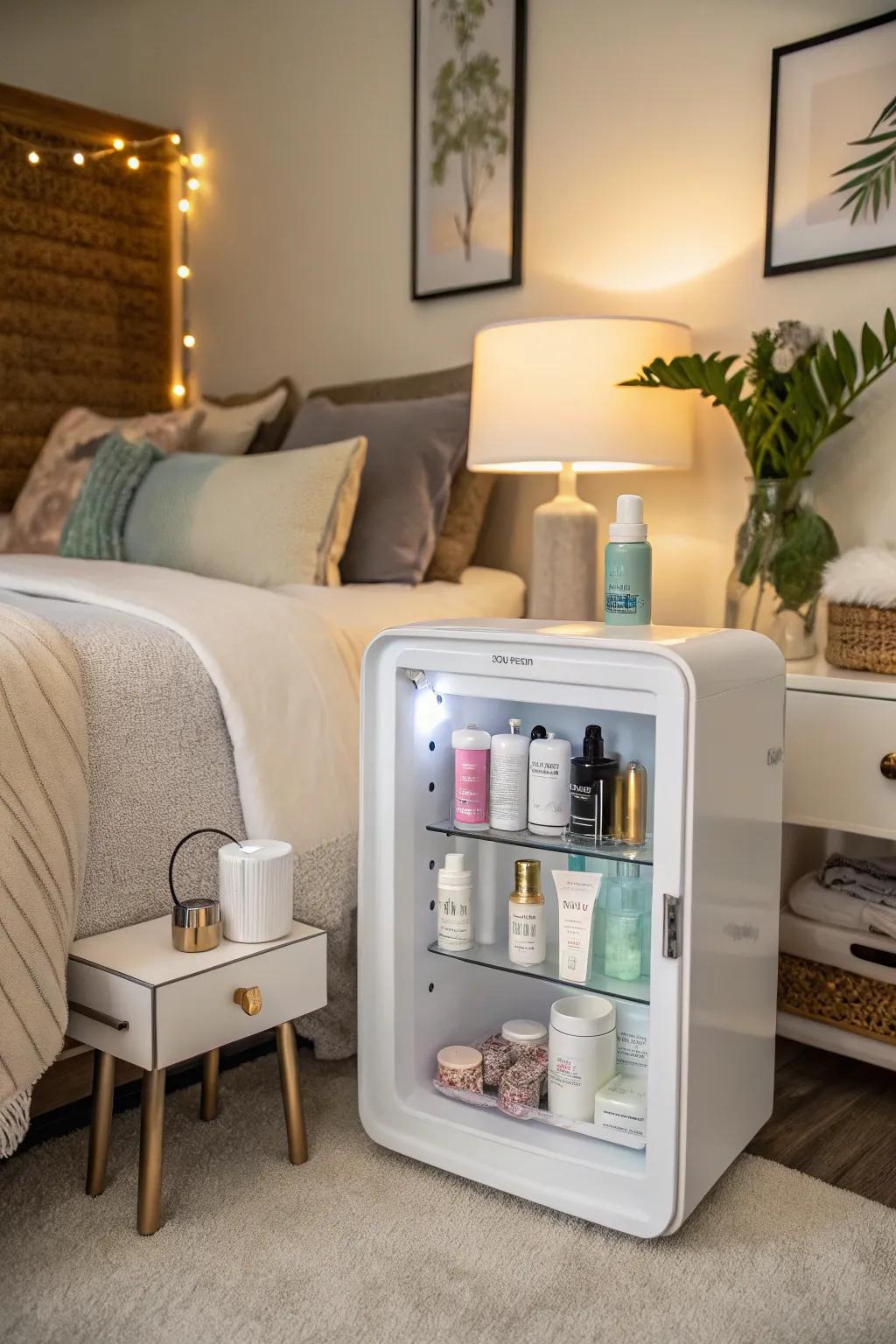 A miniature refrigerator brimming with skincare products, establishing a spa vibe within a bedroom.