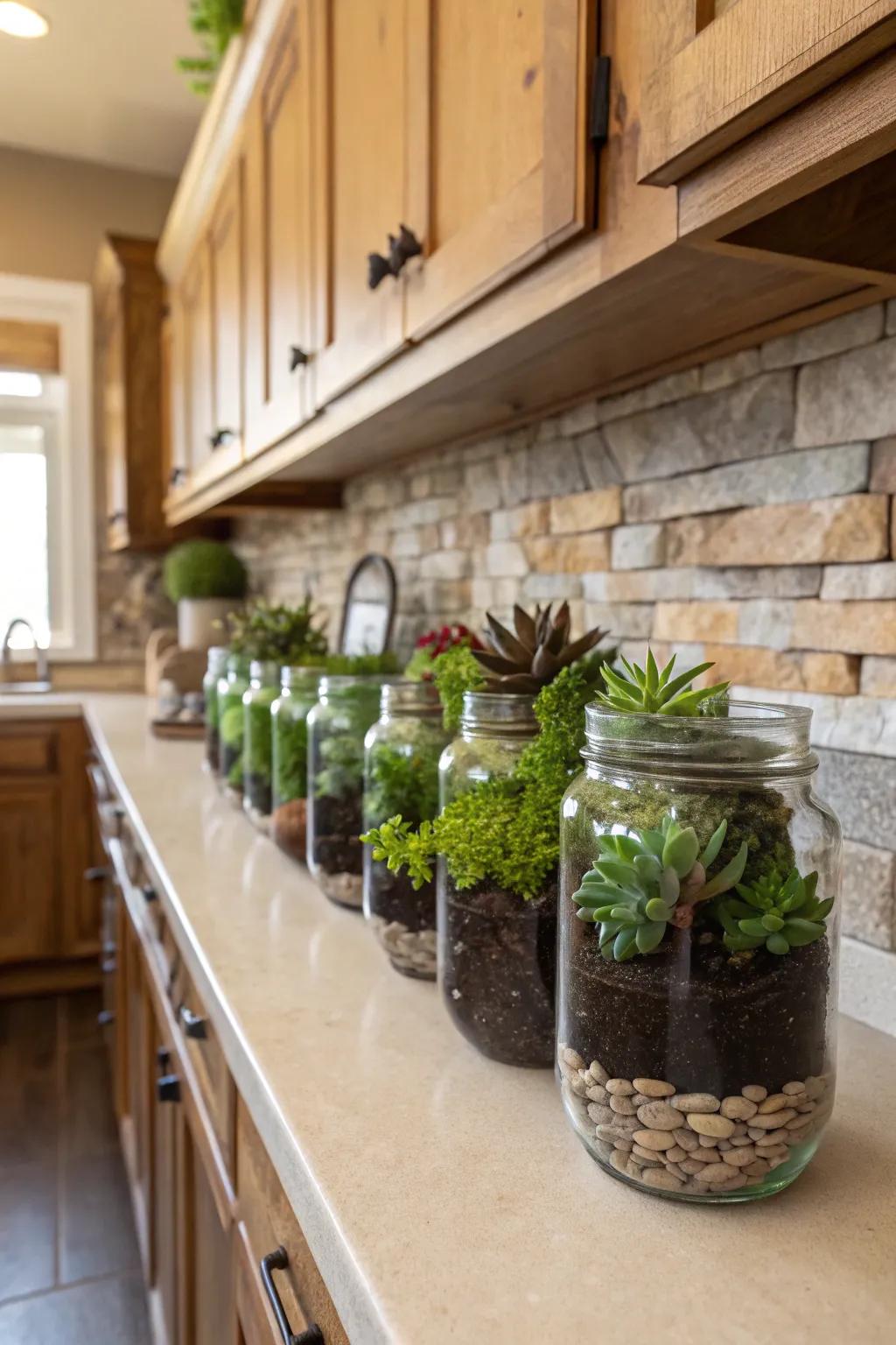 Mason jars filled with succulents add farmhouse charm.
