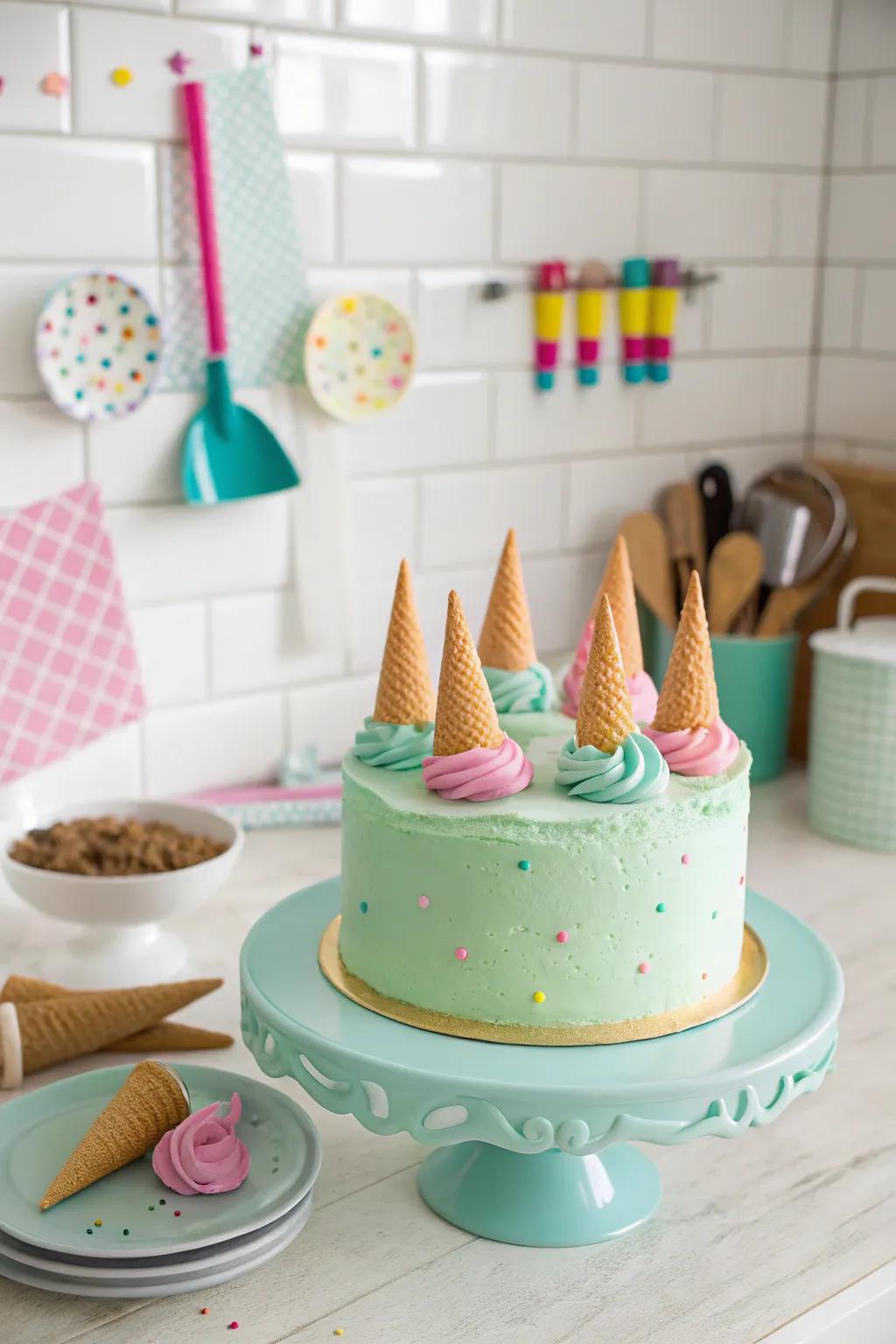 A chartreuse cake topped with a delightful frozen treat cone surprise.