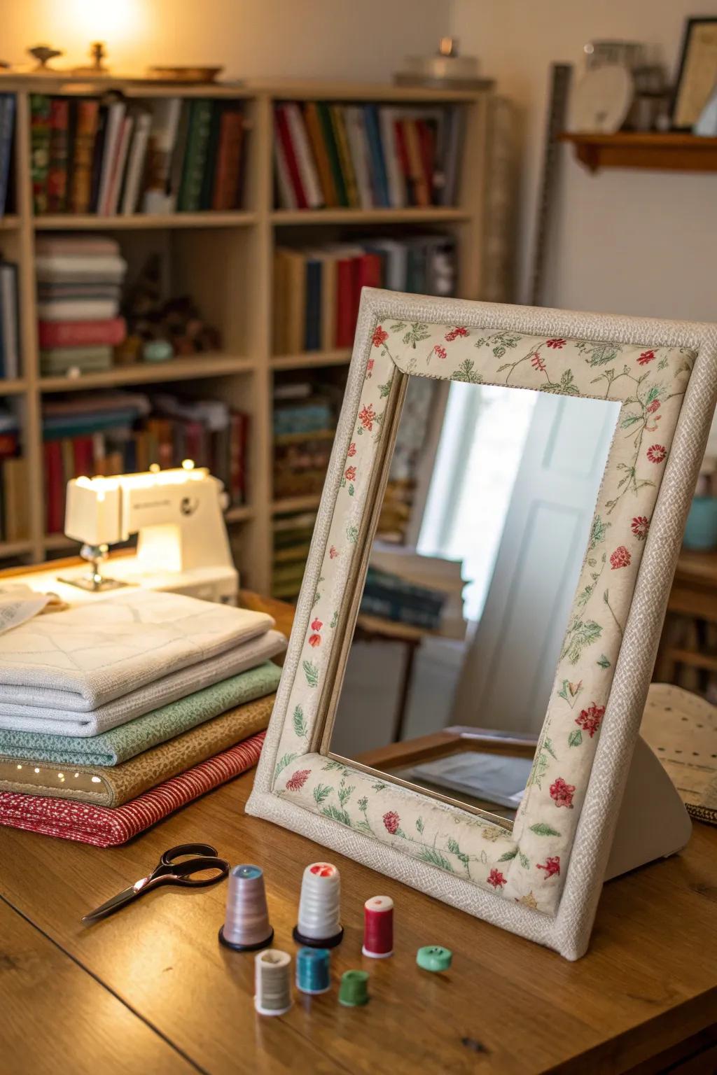 A fabric-framed mirror adds texture and personality to a sewing room.