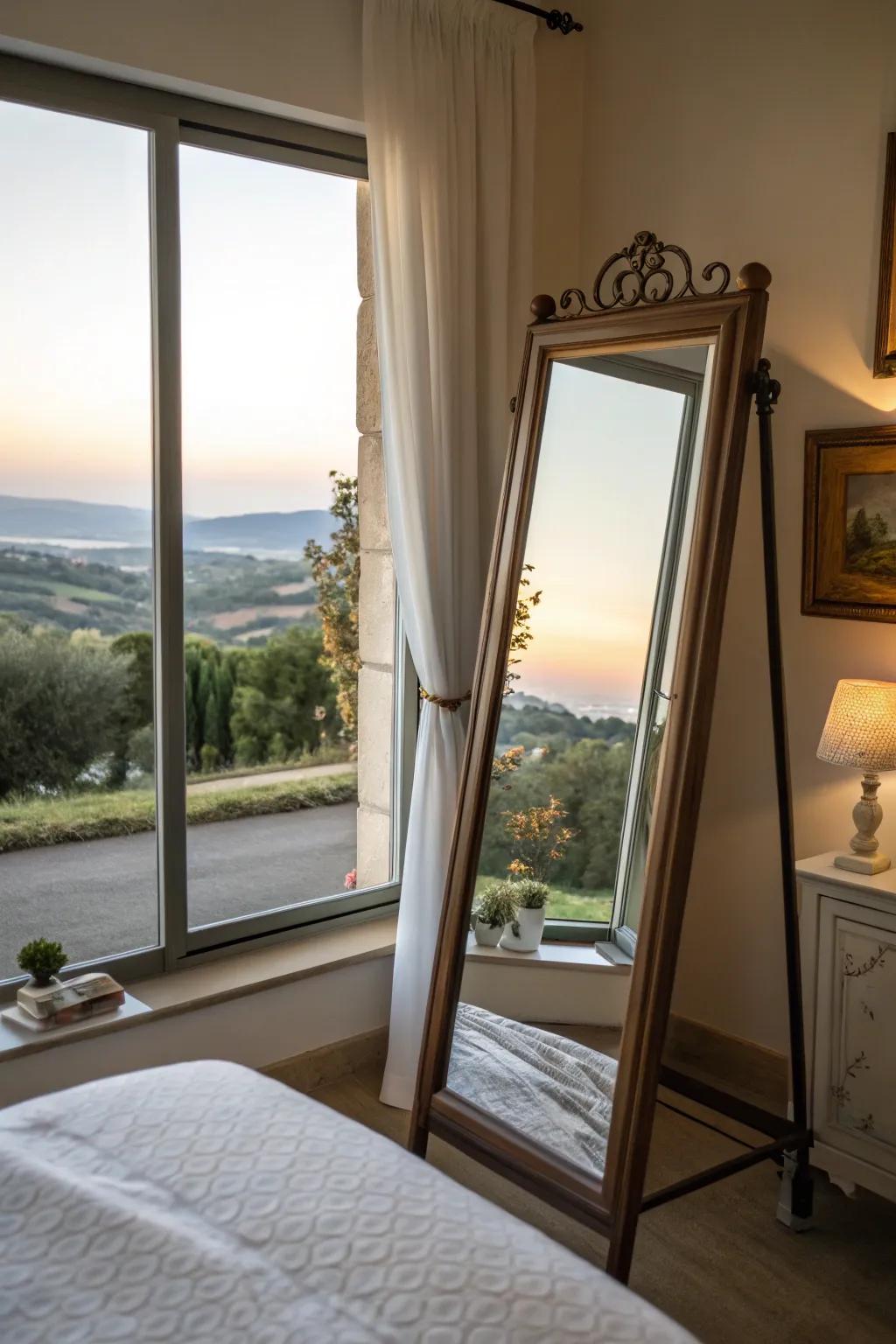 Mirrors showing the views outside bring nature inside and enhance light.