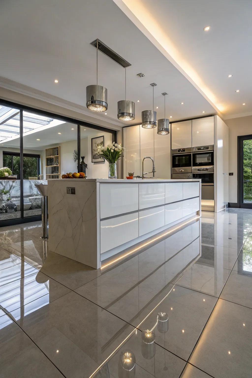 A mirrored kitchen island that reflects the space and adds a touch of modernity.