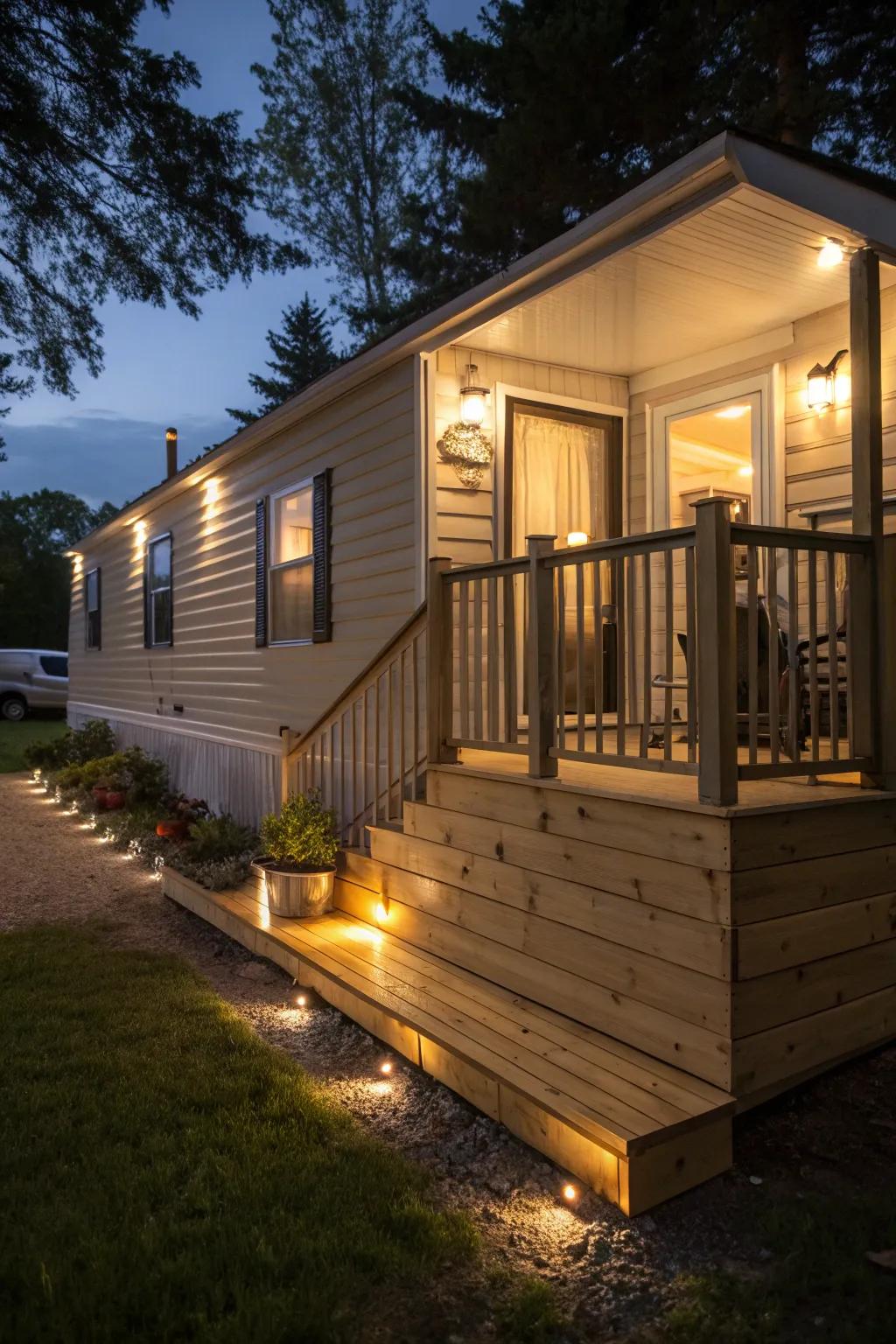 Built-in lighting in timber skirting adds a touch of magic to your mobile home.