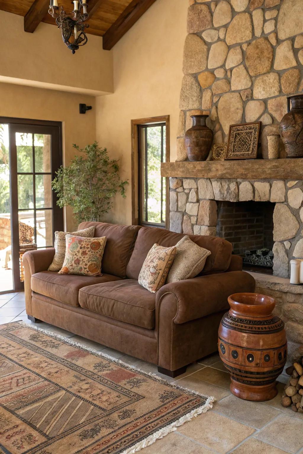 Earthy elements enhance the natural vibe around the chocolate-brown sofa.