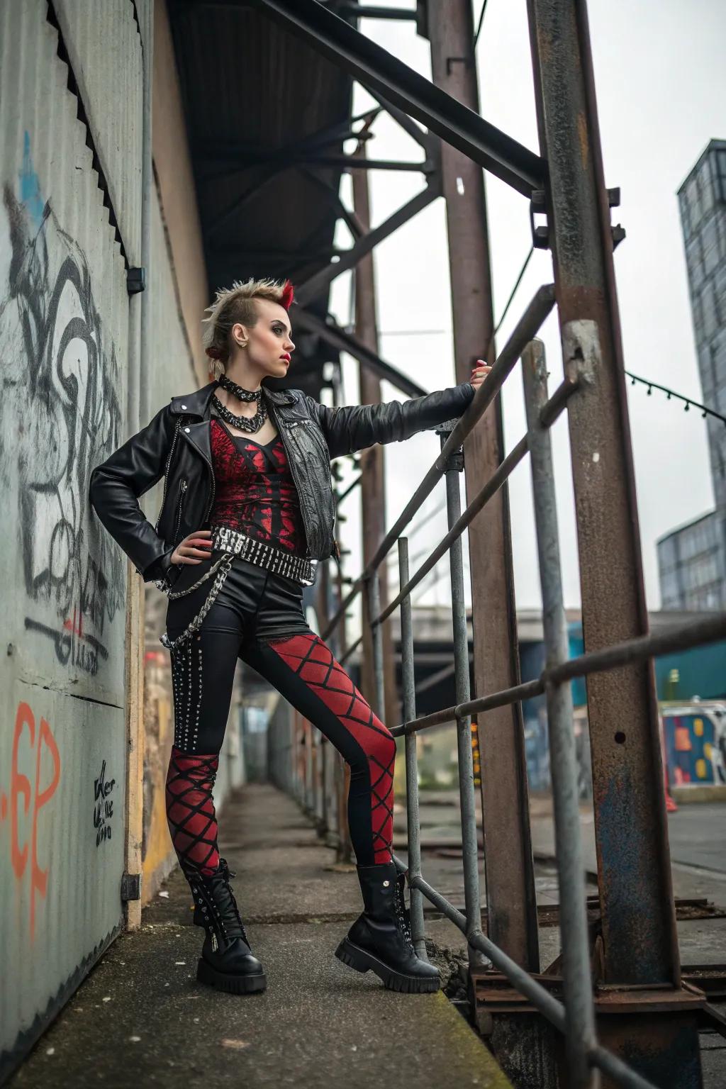 An edgy punk rock appearance with rebellious flair.