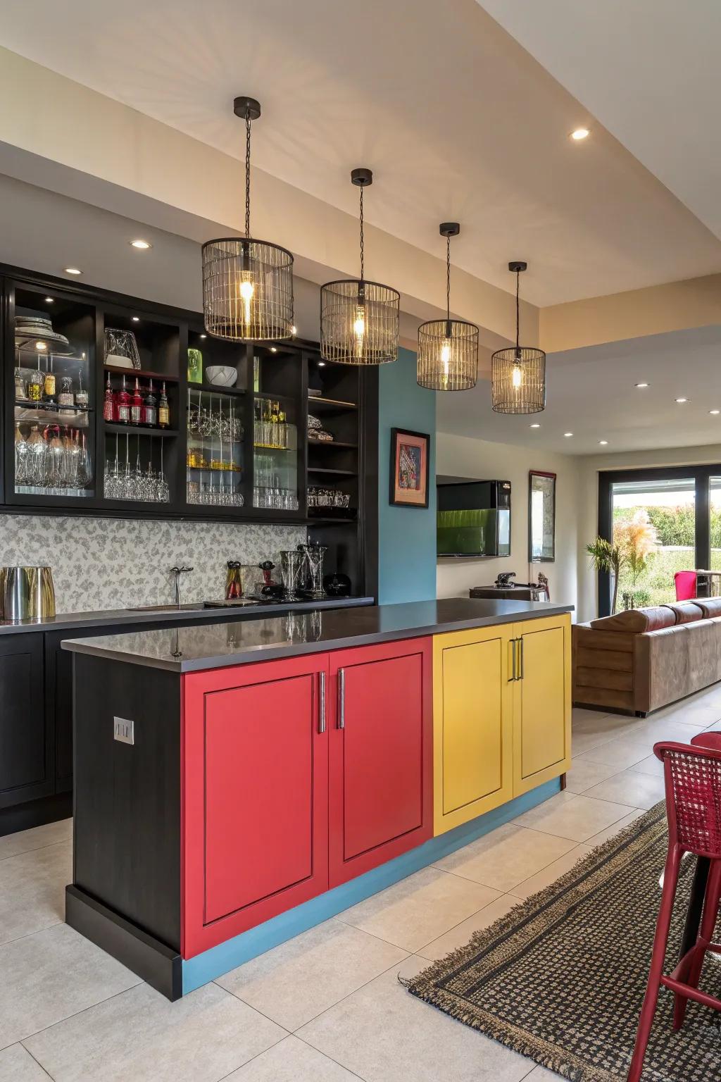 Striking colours make this contemporary bar a standout feature.