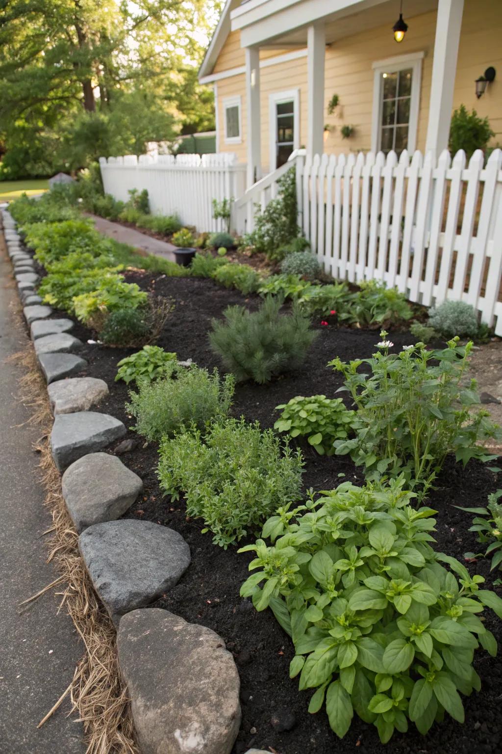 A modern herb patch bordered with dark stones.