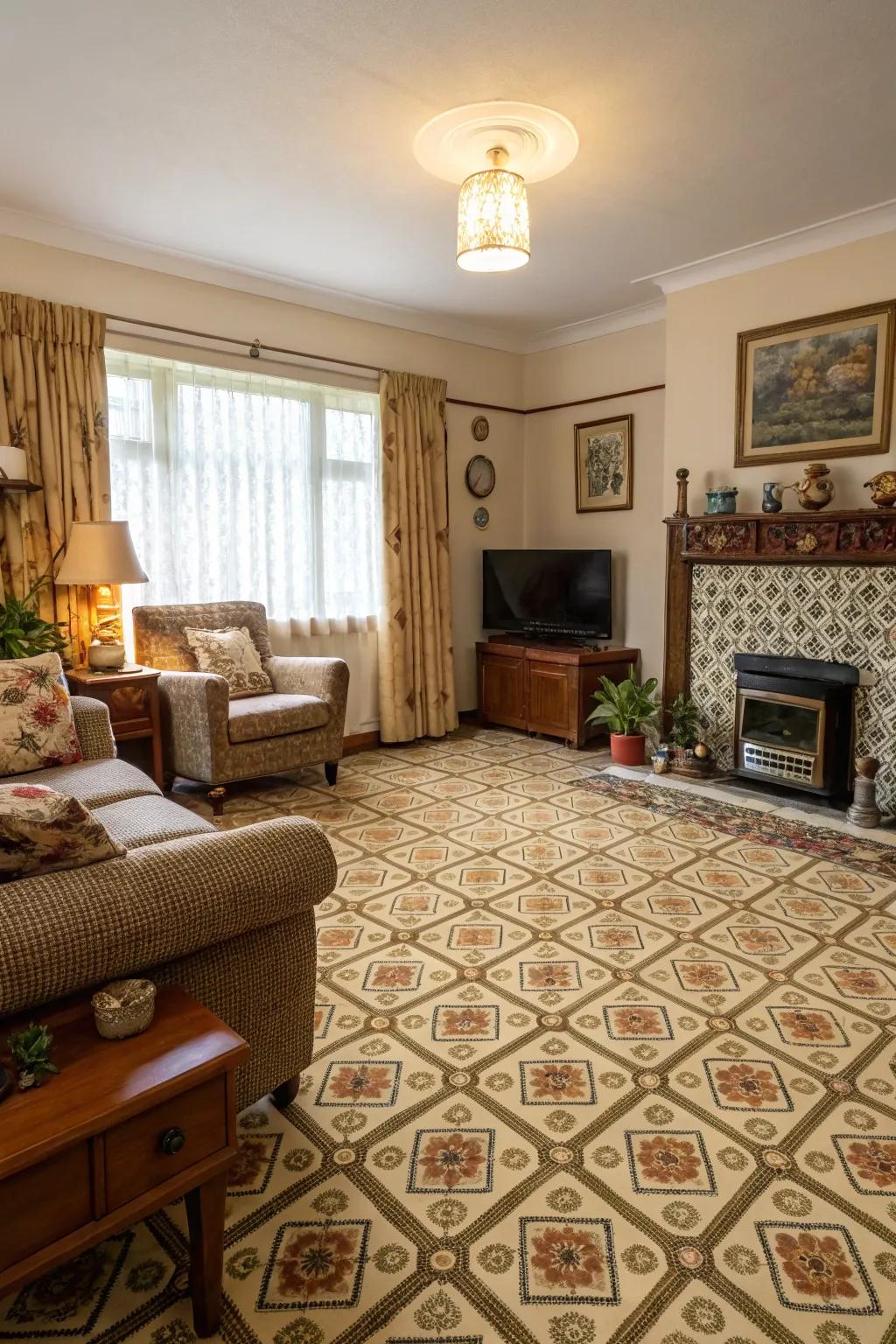 Living room featuring a retro patterned carpet for a touch of vintage charm.