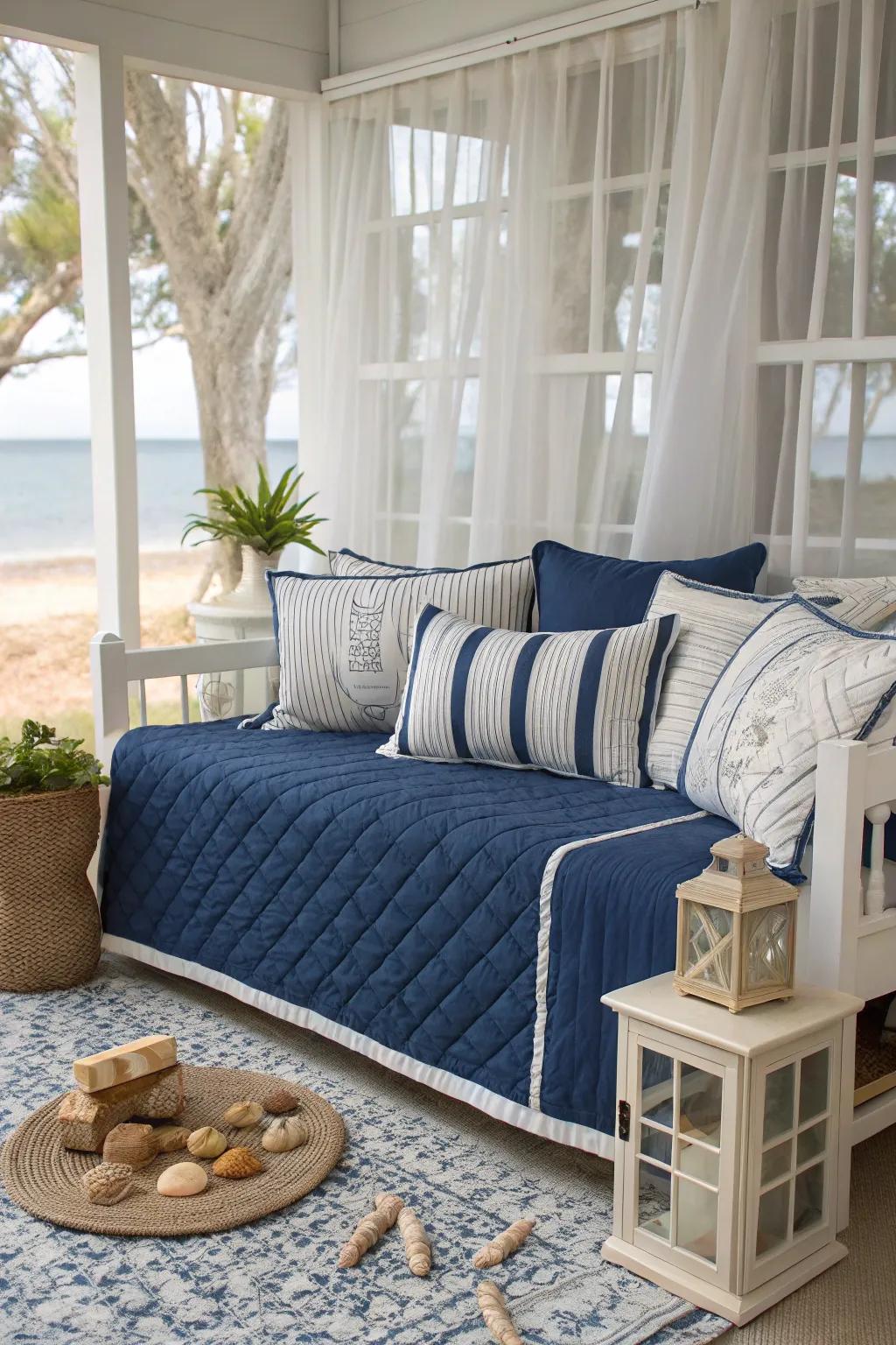 Coastal-themed bedding delivers refreshing vibes to a modern daybed.