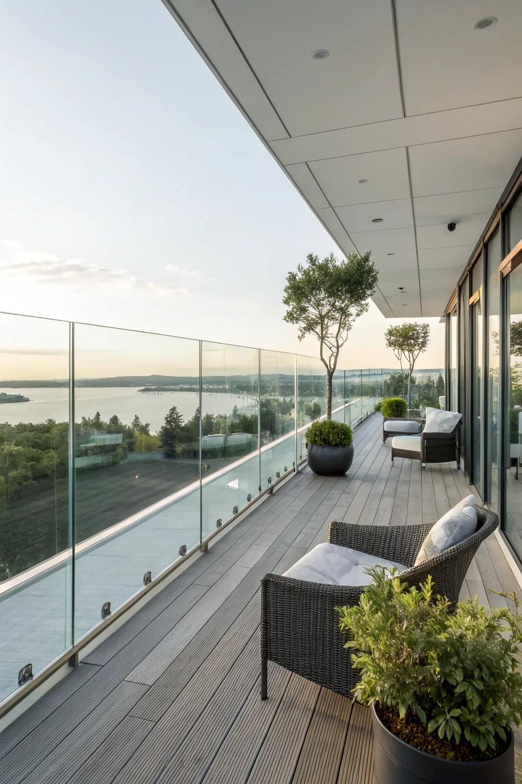 A deck with glass railings for a smooth connection to the outdoors.