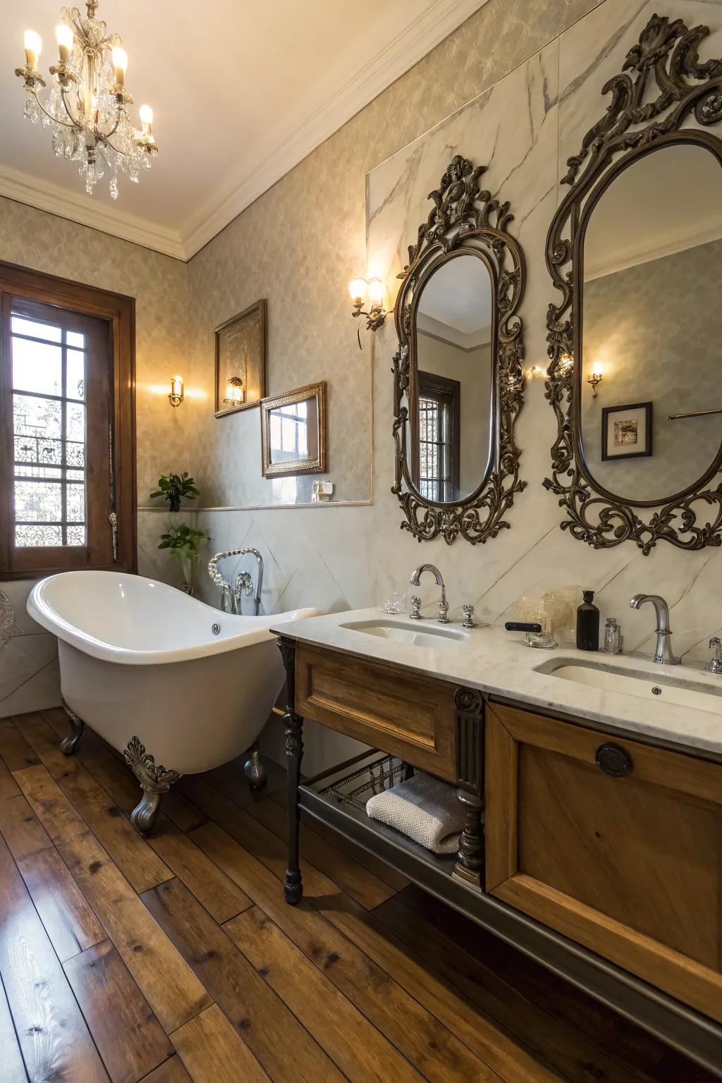 Vintage decor adds personal history to this farmhouse bathroom.