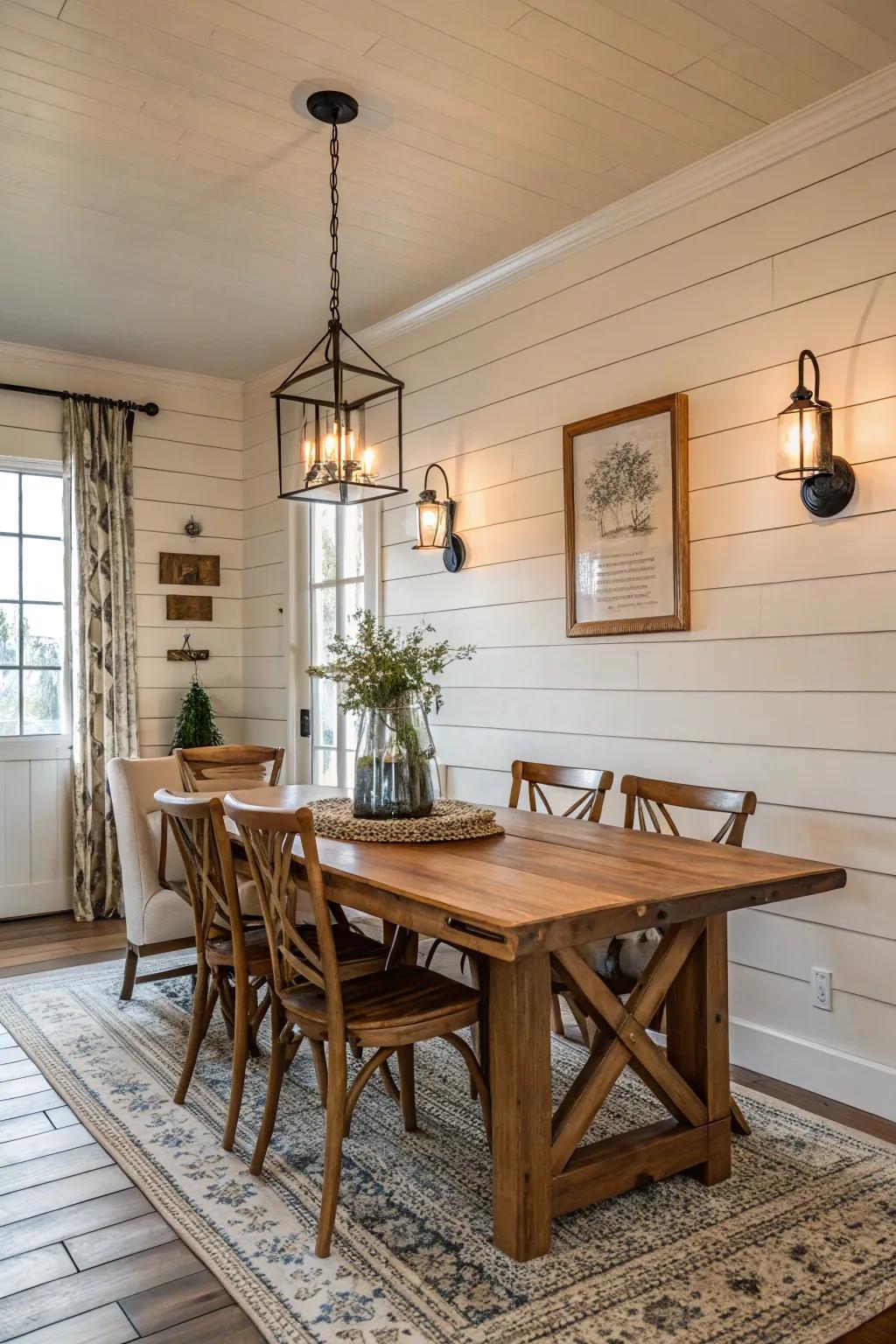 A showcase wall adds texture and dimension to the space.