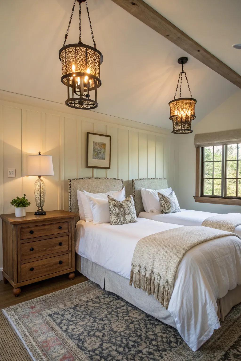 Farmhouse lighting fixtures add warmth and character to this guest bedroom.