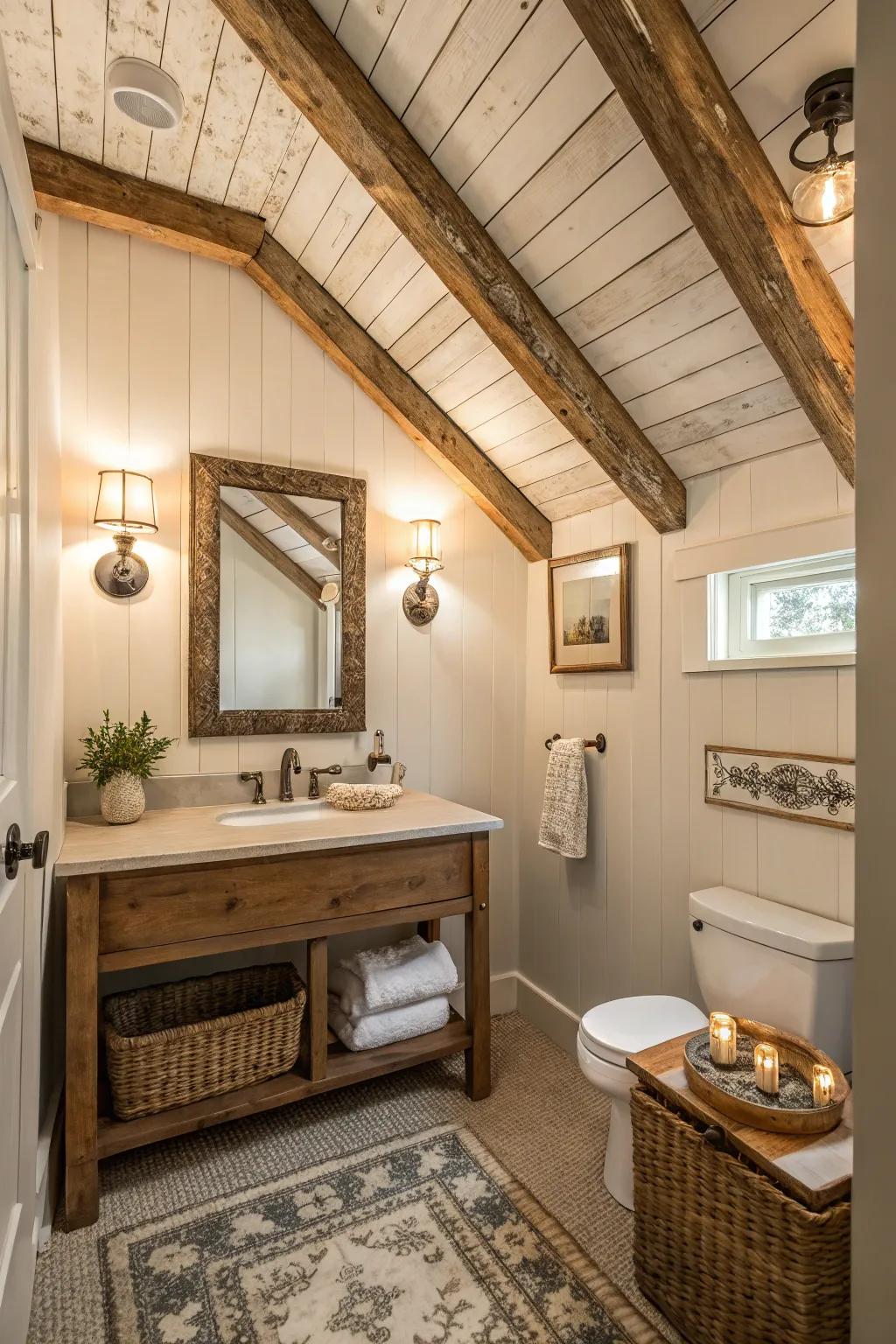 Grooved paneling ceiling with rustic beams in a powder room.