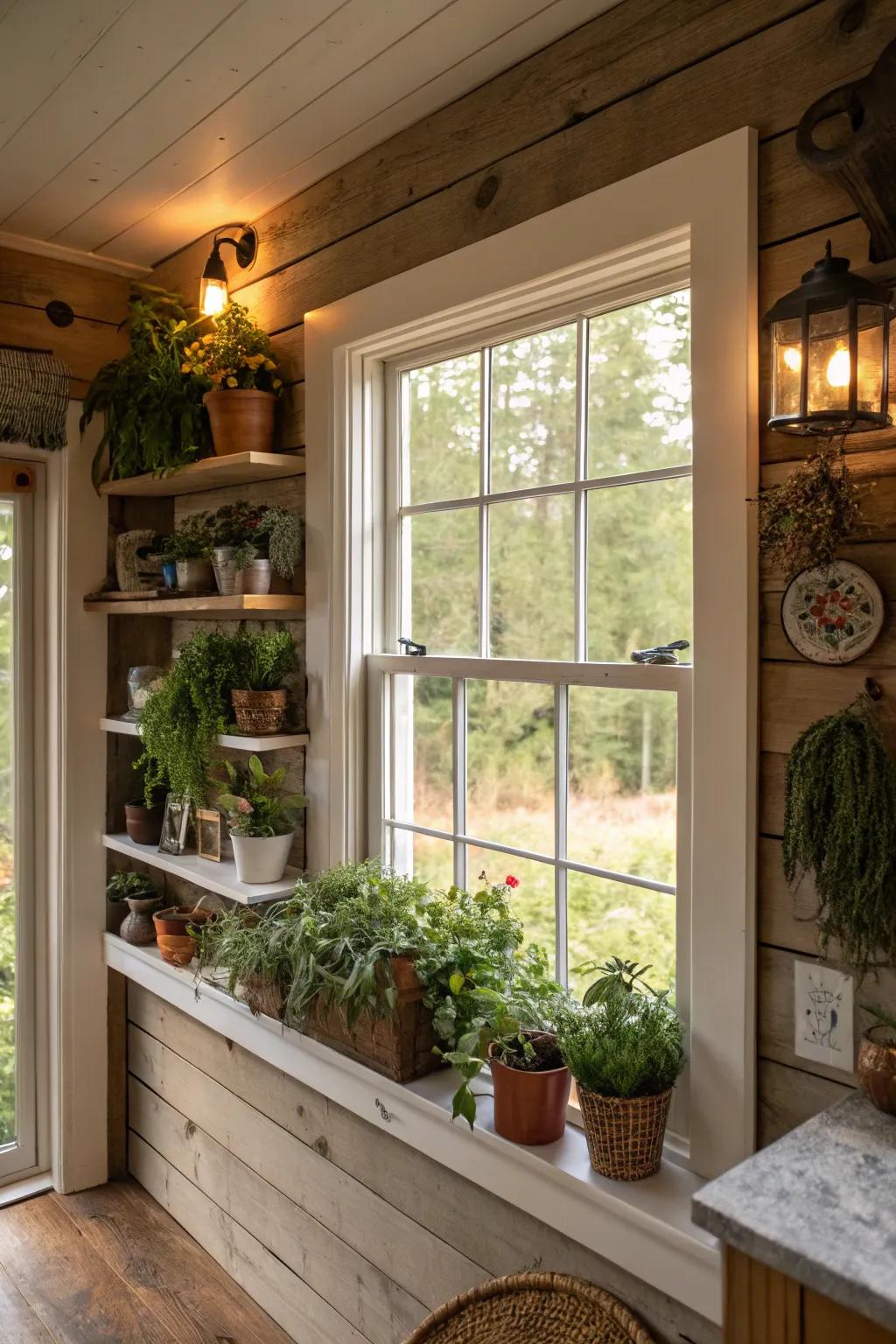 Integrated shelving with window trim for added functionality.