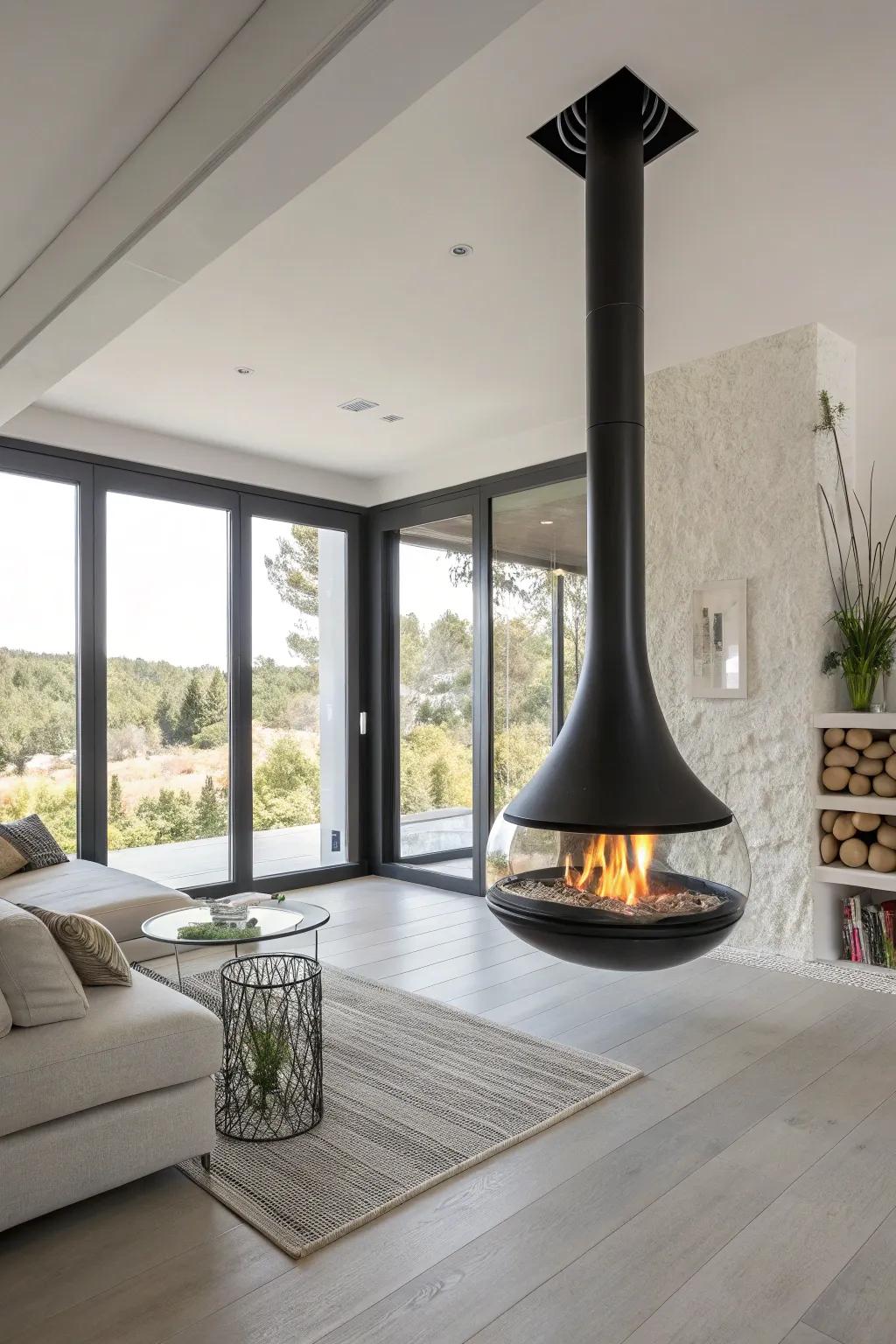 An elevated glass fireplace that provides a sleek and unobstructed view of the fire.