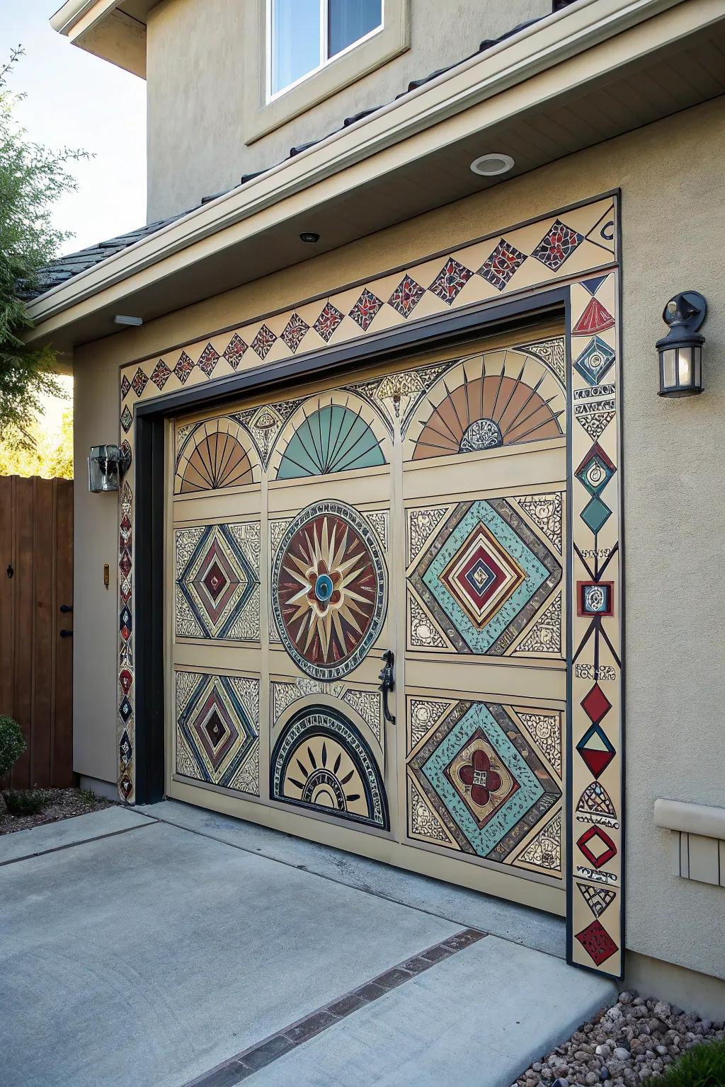 Geometric arrangements create visual interest on garage doors.