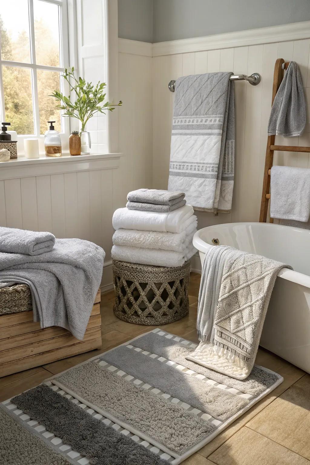 Mixing fabrics brings texture and comfort to the bathroom.