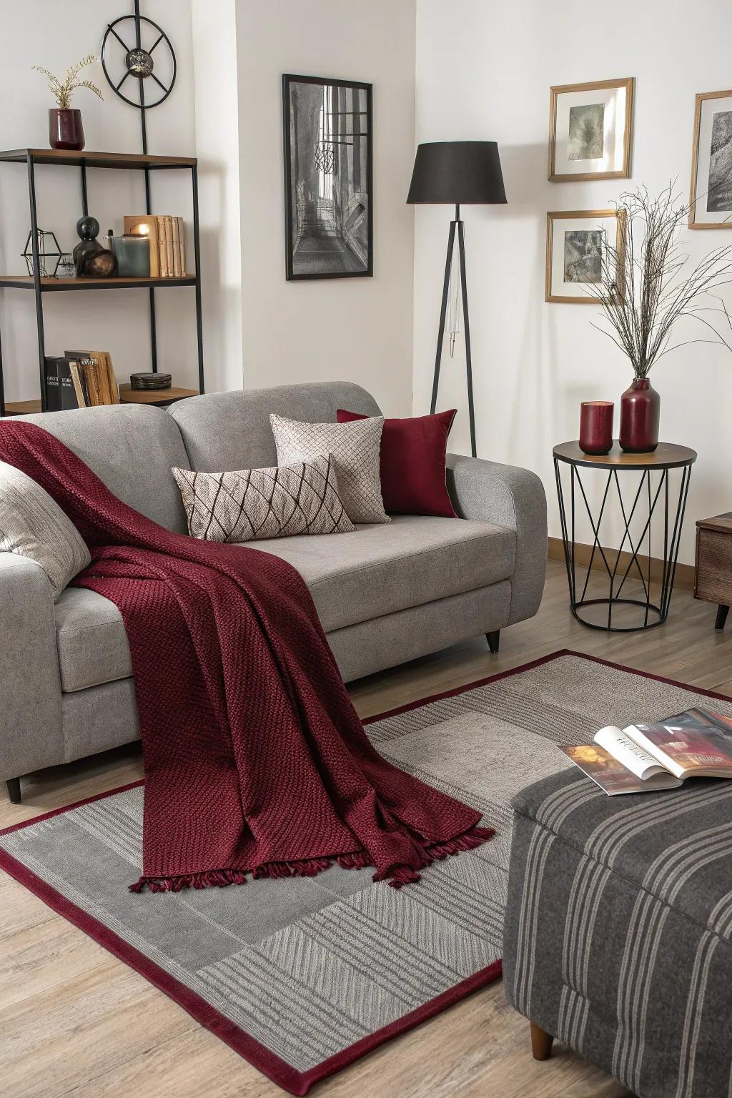 Living room with layered grey and burgundy textiles and modern decor.