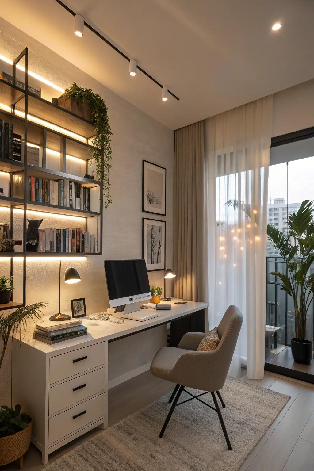Layered lighting crafting a vibrant office environment.
