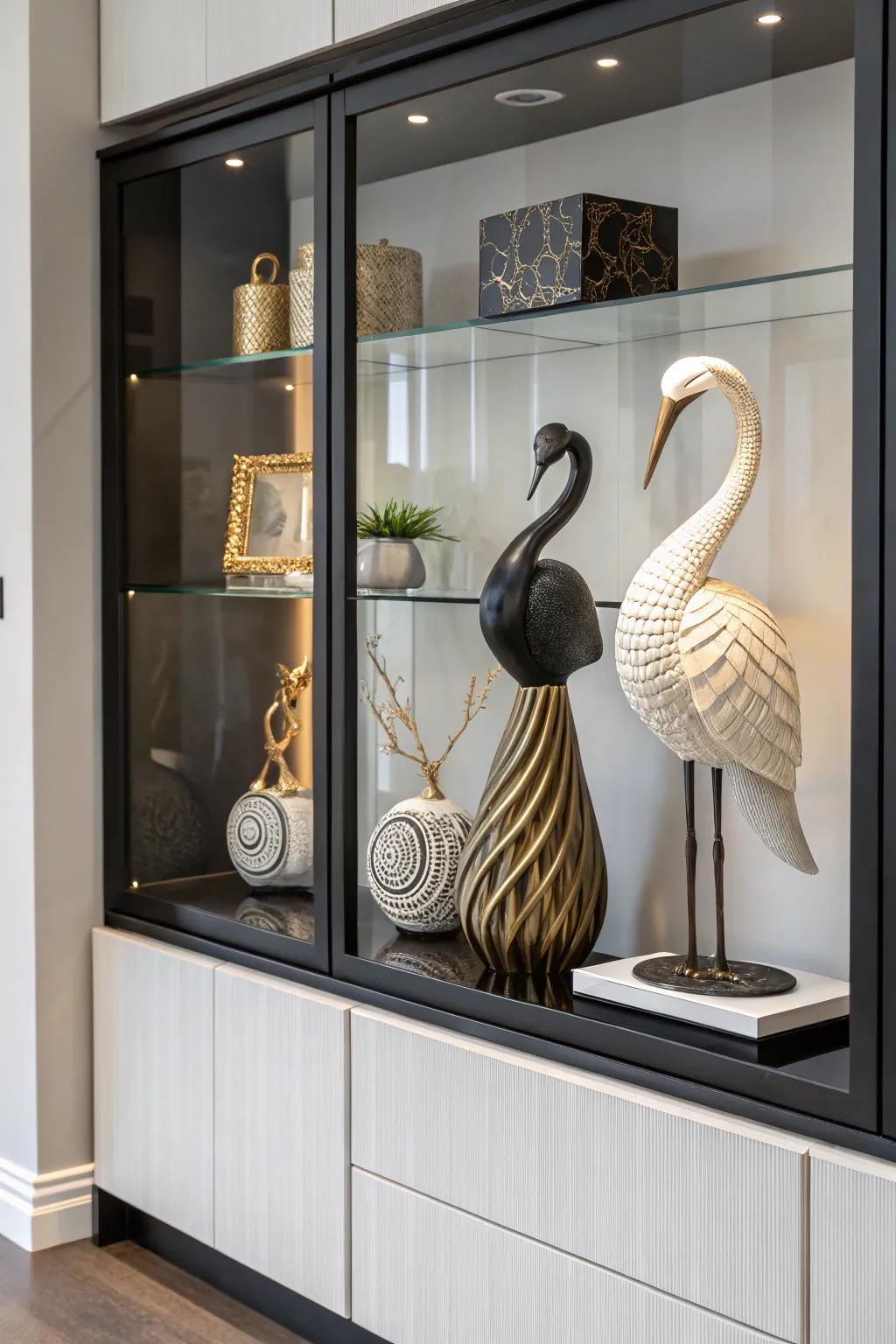 Sculptures add artistry and elegance to the display cabinet.
