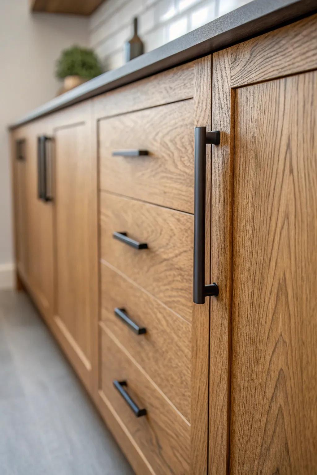Modern metalwork upgrades add sophistication to kitchens featuring oak cabinets.
