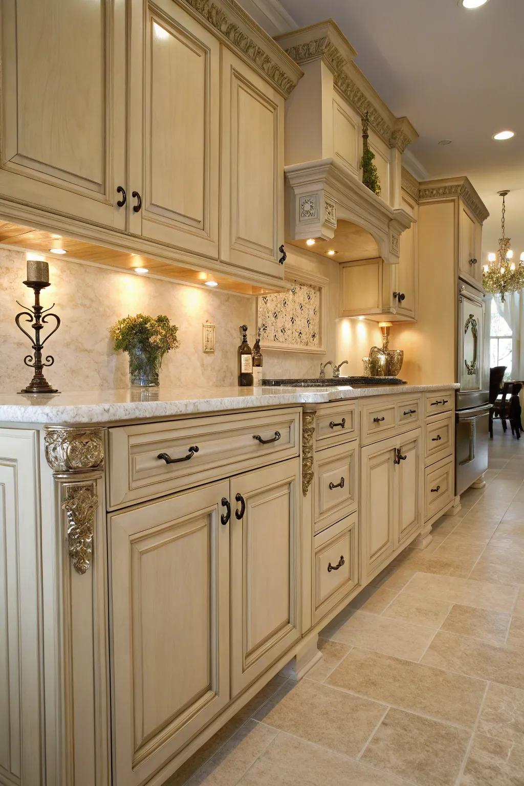 Subtle finishes enhance the elegance of pale walnut cabinets.
